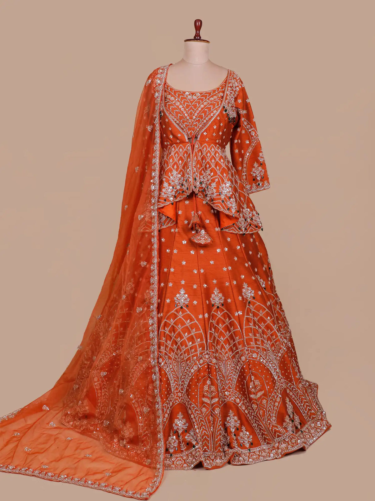 Rust Orange Silk Couture Jacket Style Lehenga Featuring Crystal Pearl Detailing