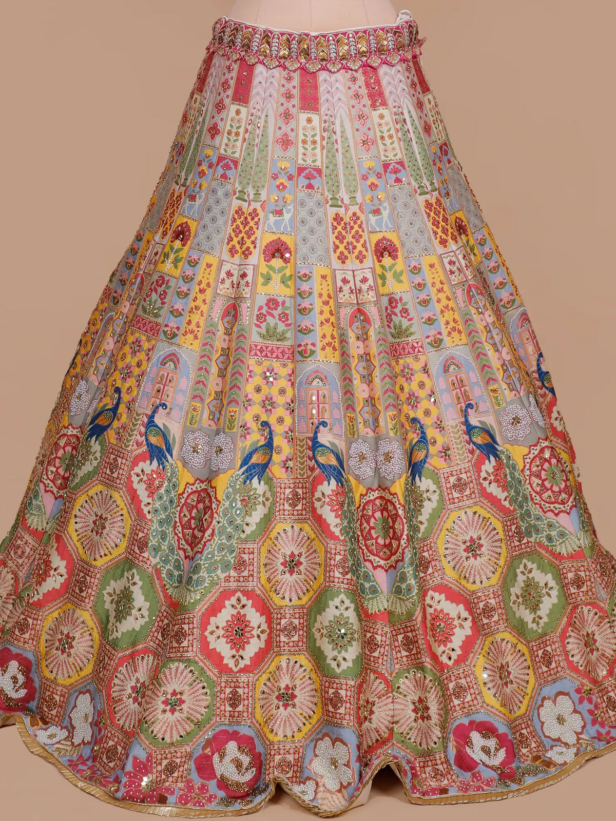 Select Multicolor Printed Silk Lehenga Highlighting Peacock Artwork