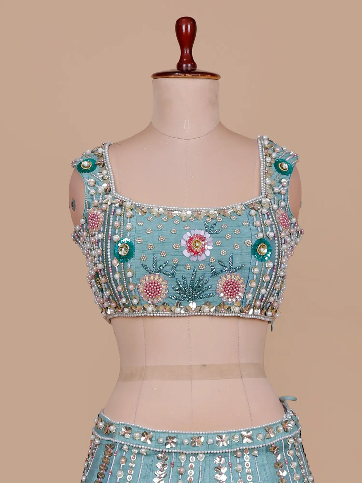 Aqua Blue Silk PDP Inspired Lehenga with Multi Sequin Pearl Work