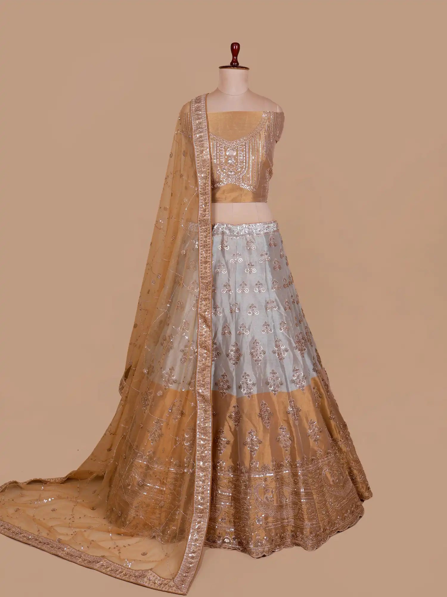 Buy Twin Shade Couture Silk Lehenga With Intricate Sequin Dori Work