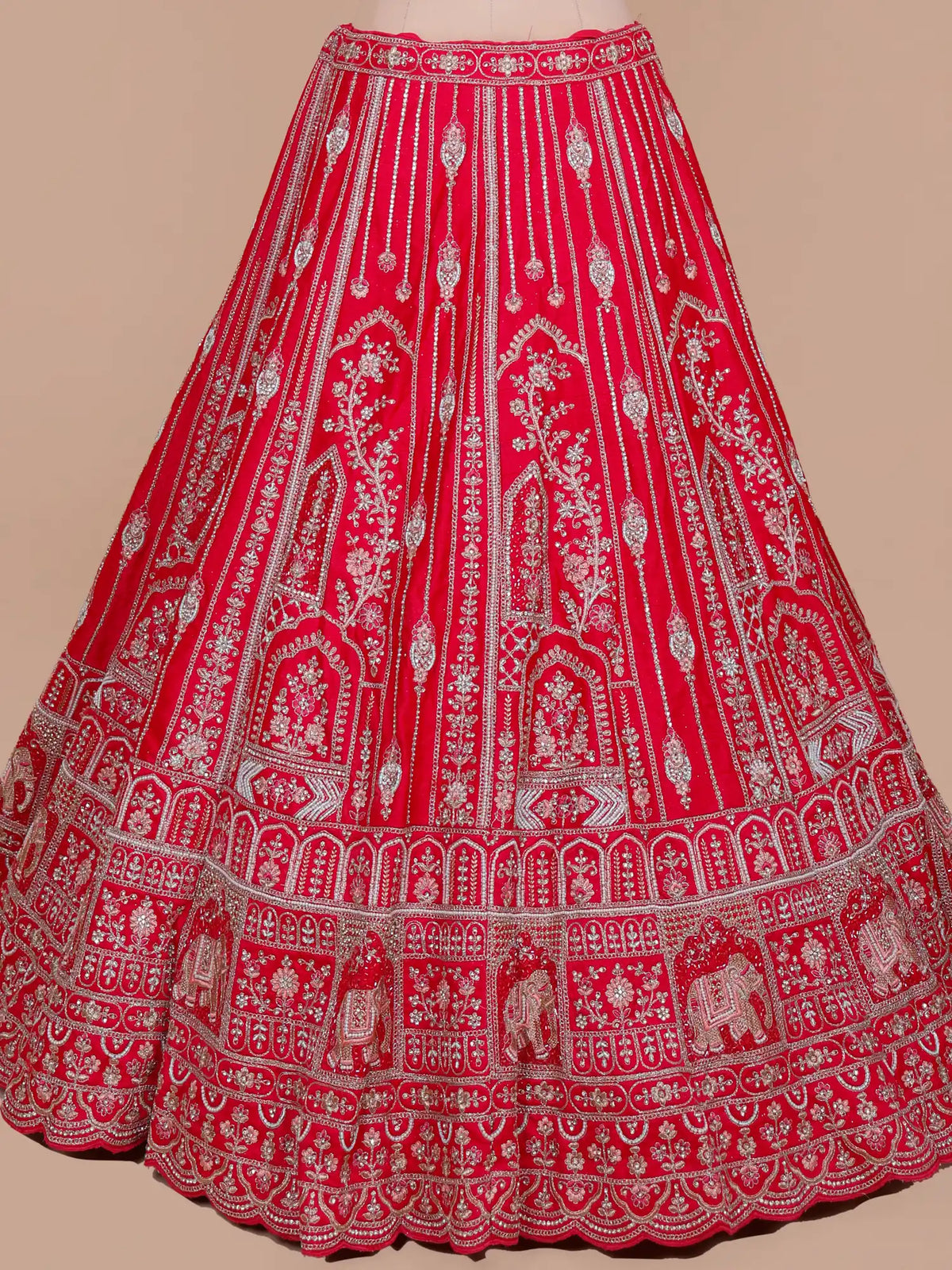 Bridal Majesty Red Unstitched Silk Lehenga With Elephant Figure Embroidery