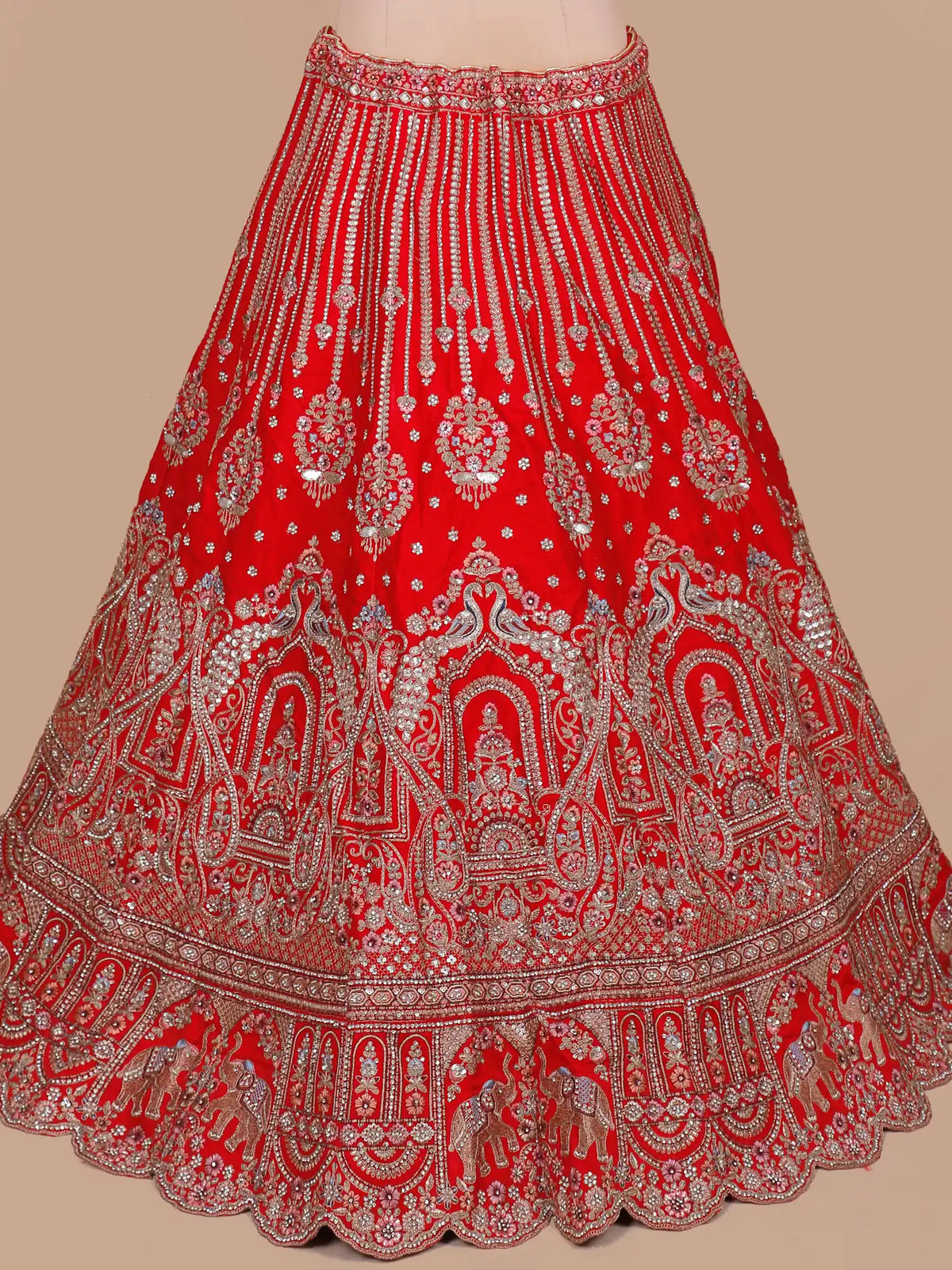 Buy Red Silk Bridal Lehenga with Elephant Peacock Embroidery