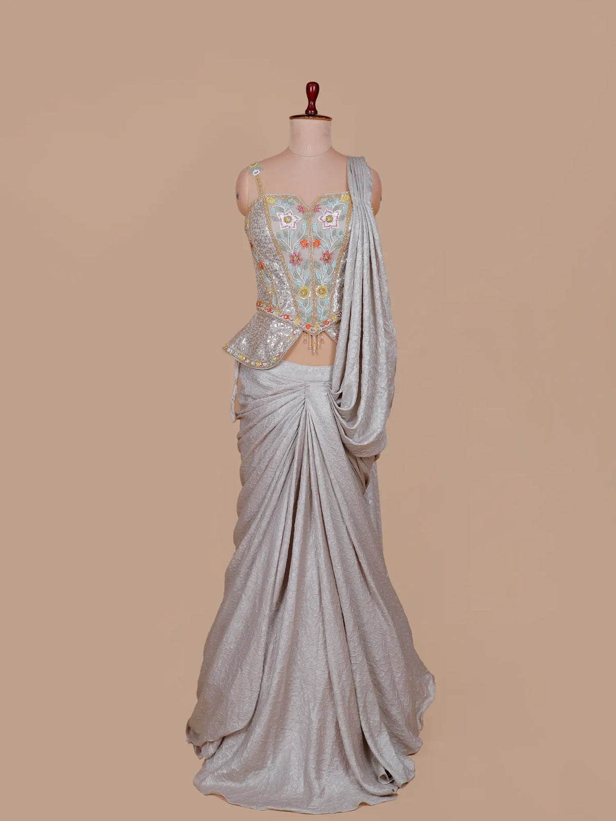 New Style Light Silver Imported Drape Saree Showcasing Sequin Moti Work