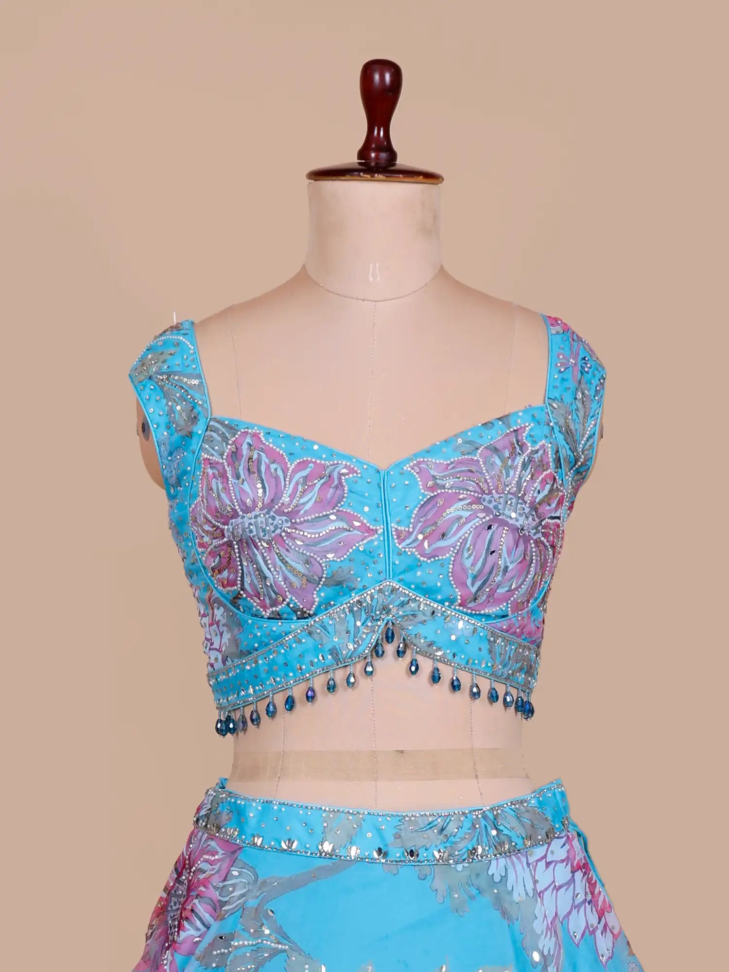 Get Sky Blue Couture Lehenga Enriched With Mirror Pearl Work