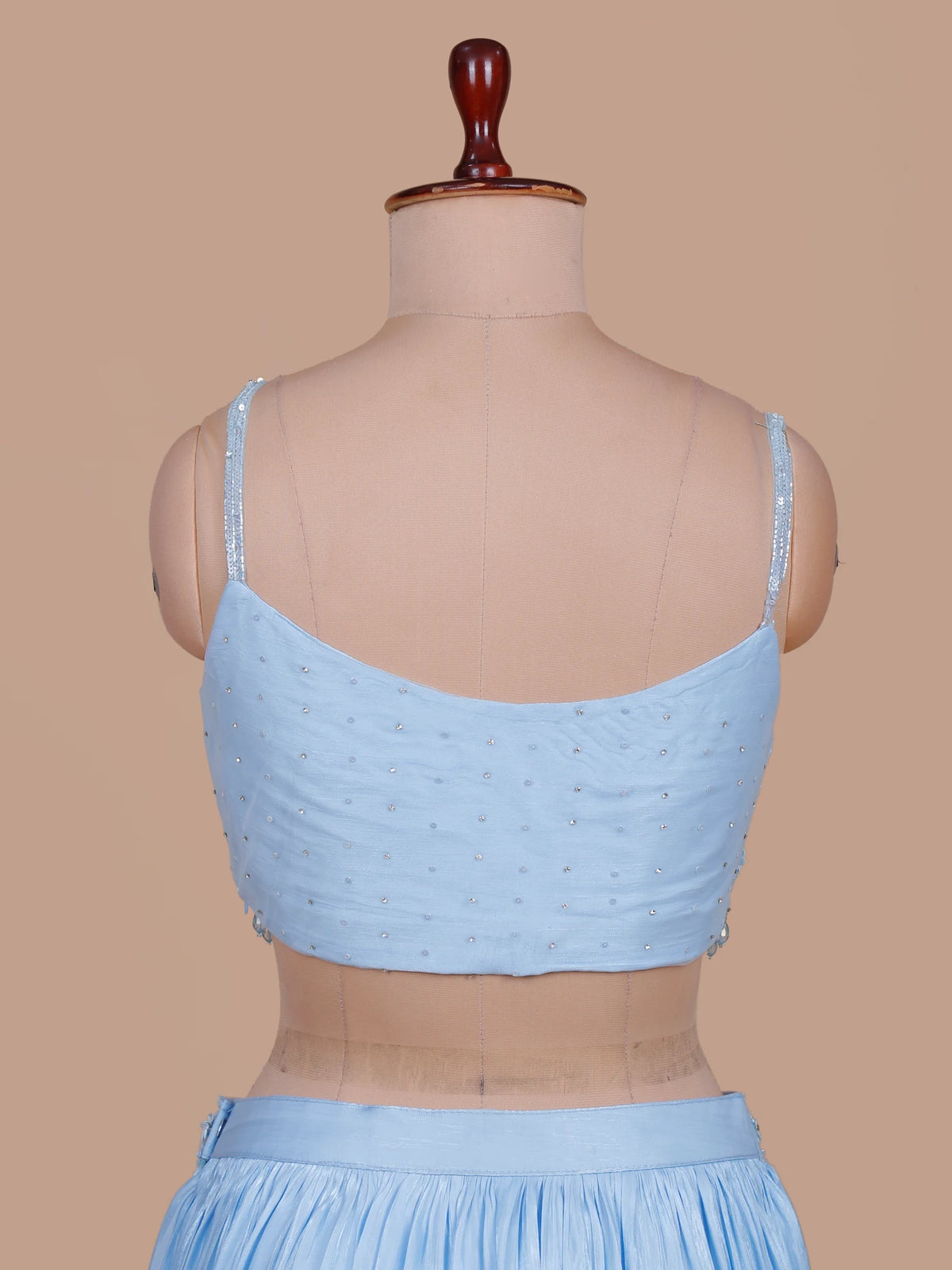 Pastel Sky Blue Silk Lehenga with Sequin Floral Blouse and Choker Dupatta