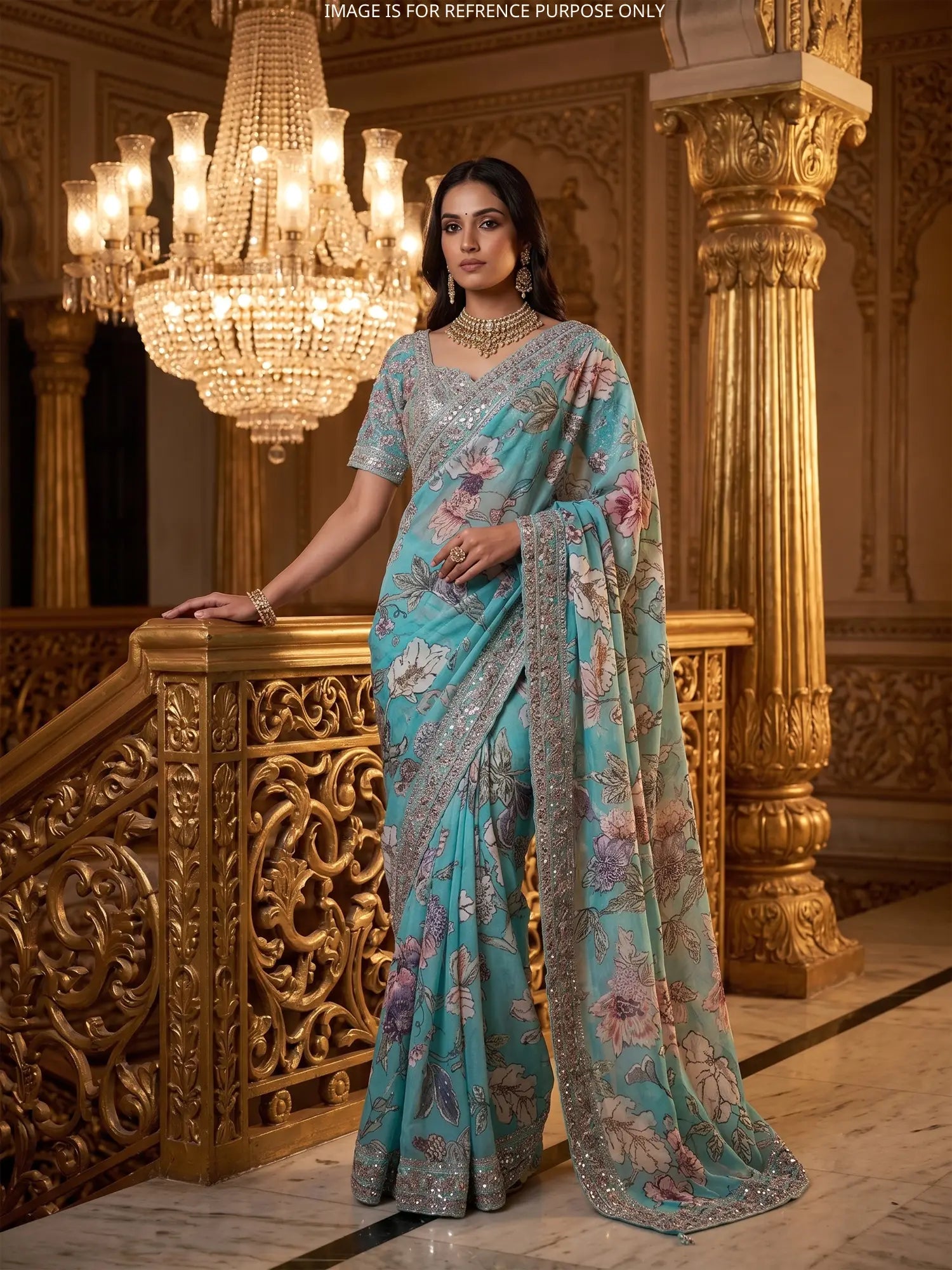 Sky Blue Printed Silk Saree Showcasing Multi-Thread Embroidery