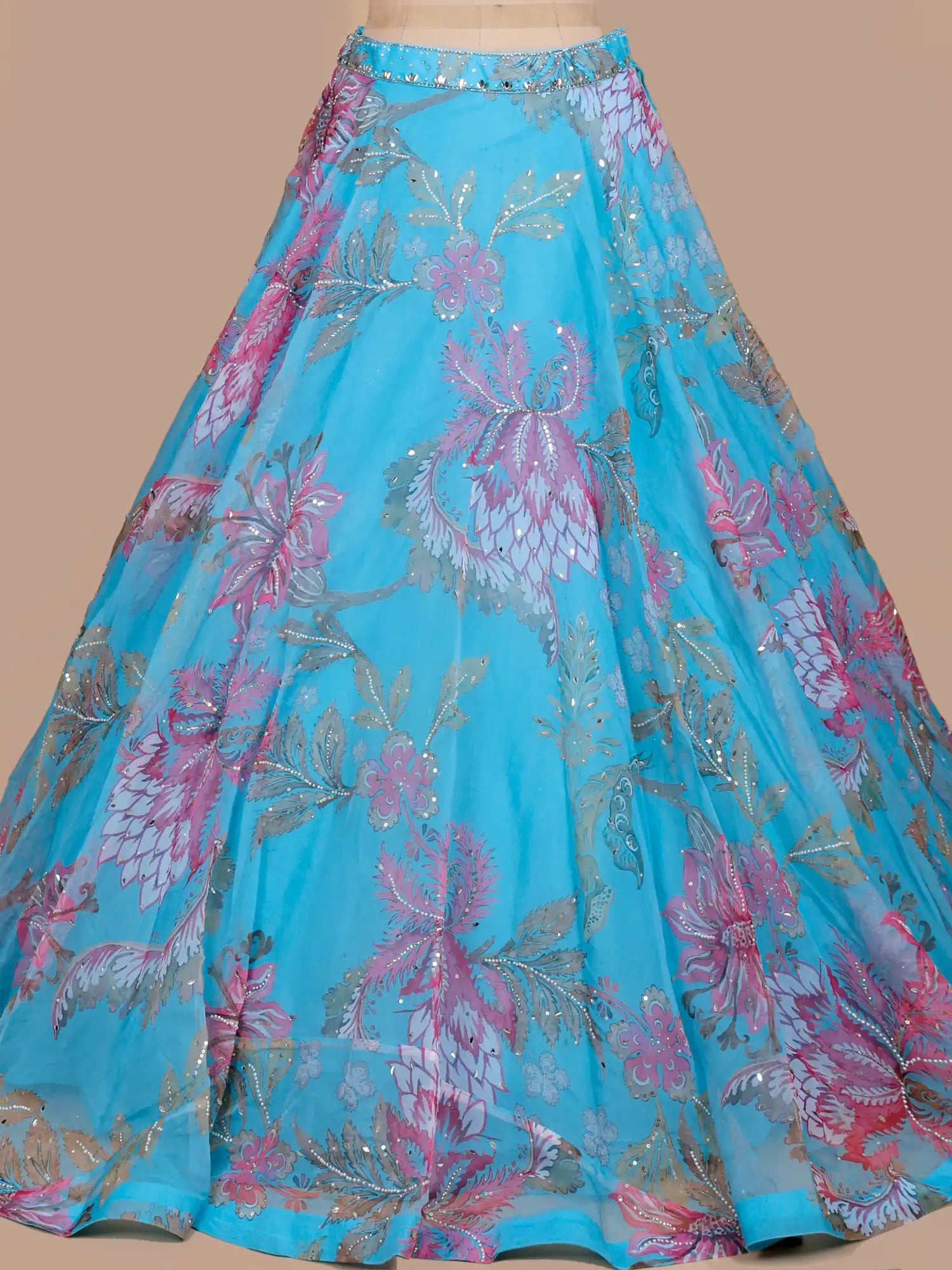 Get Sky Blue Couture Lehenga Enriched With Mirror Pearl Work