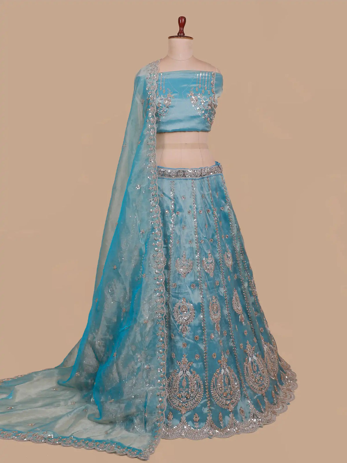 Sky Blue Shimmer Organza Lehenga with Heavy Silver Thread Work