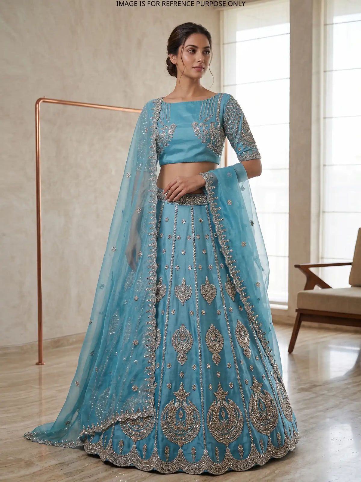 Sky Blue Shimmer Organza Lehenga with Heavy Silver Thread Work