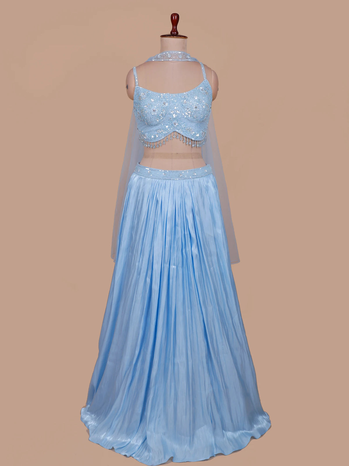 Pastel Sky Blue Silk Lehenga with Sequin Floral Blouse and Choker Dupatta