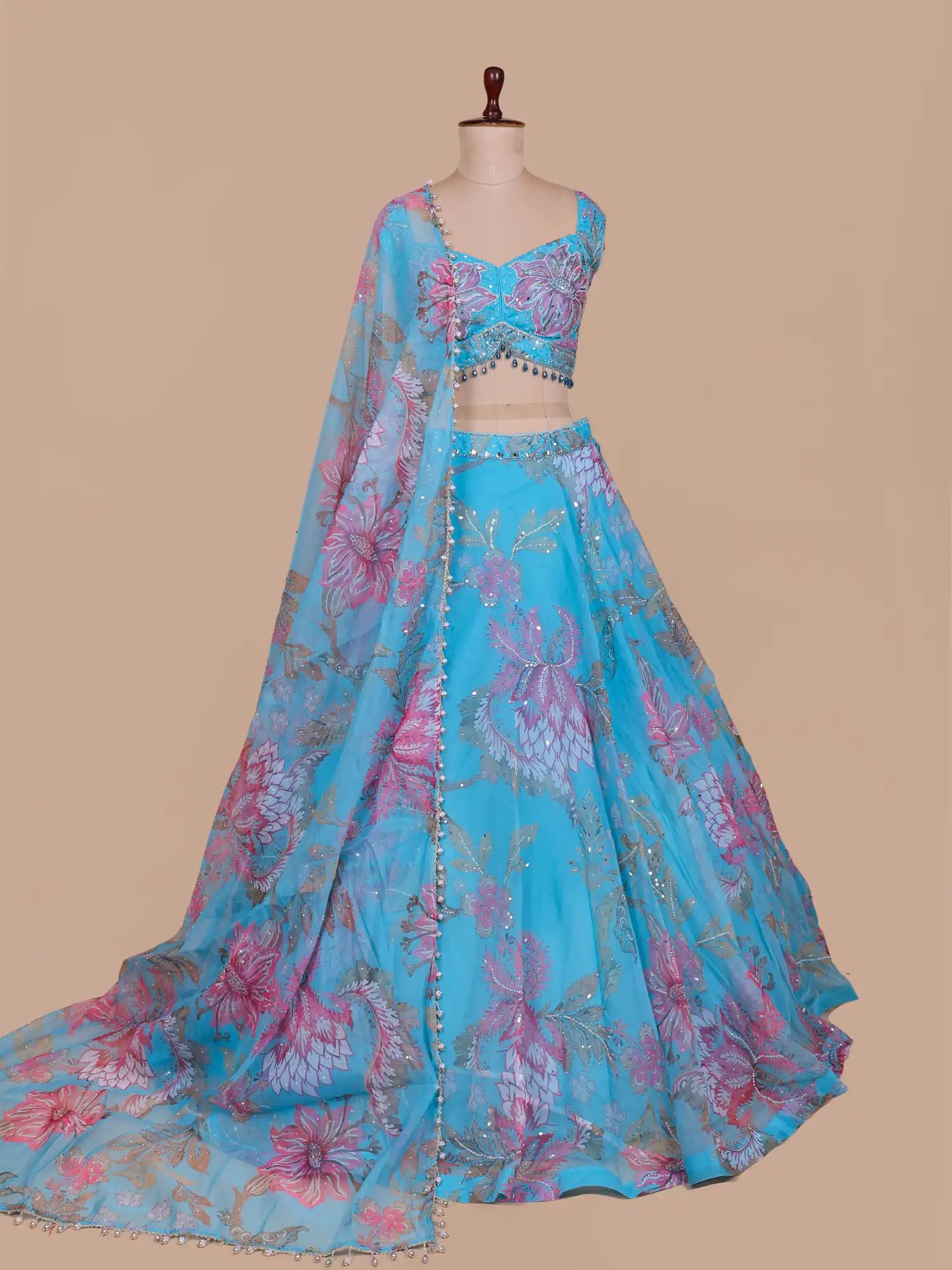 Get Sky Blue Couture Lehenga Enriched With Mirror Pearl Work