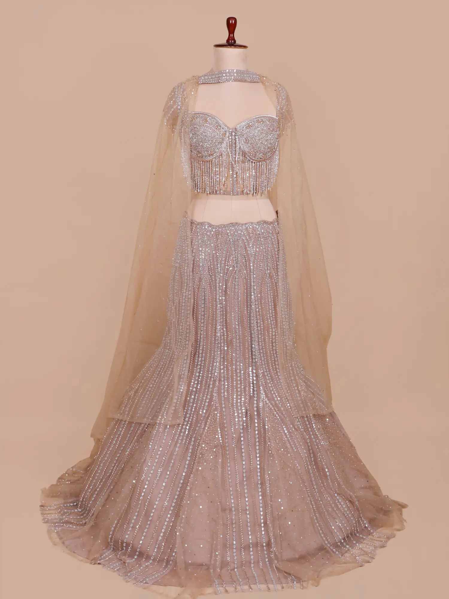 Premium Chickoo Net Designer Mermaid Lehenga Enhanced With Crystal Work