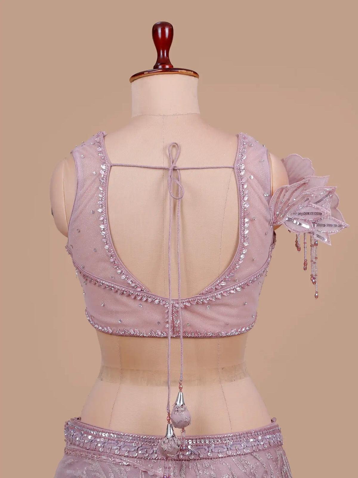 Luxury Light Pink Net Drape Lehenga with 3D Floral Shoulder Detailing