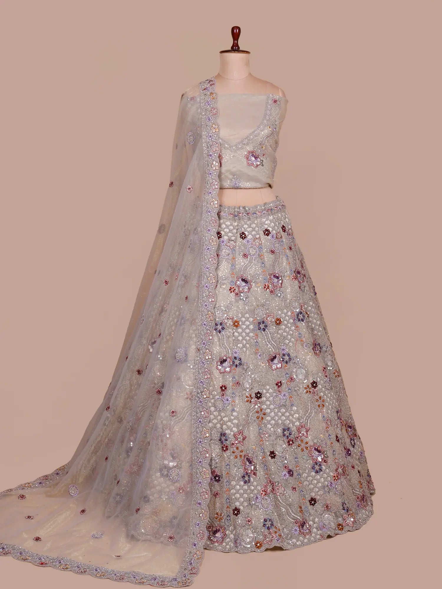 Shop Champagne Shimmer Unstitched Lehenga In Thread Cut Dana Art