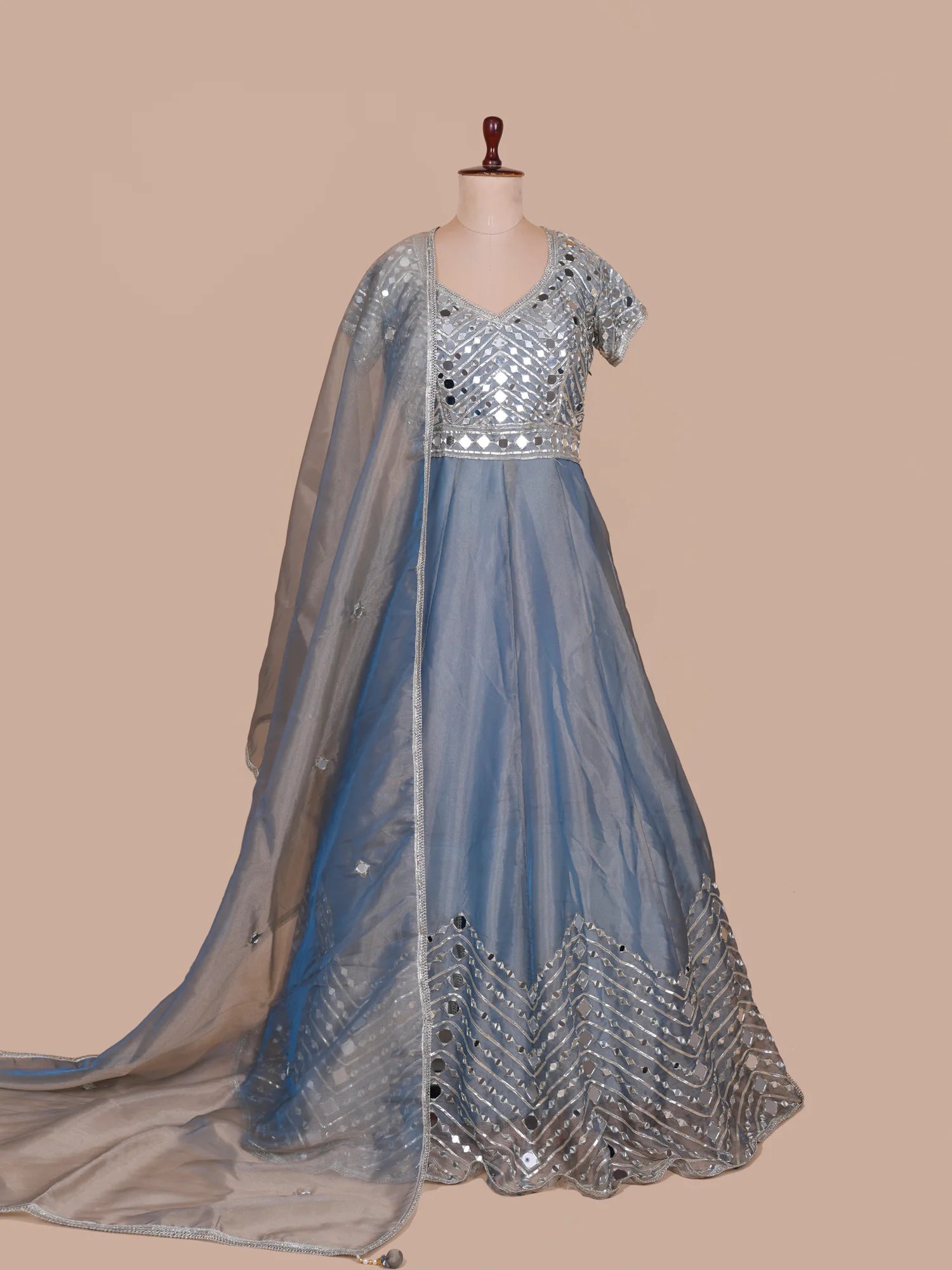Mint Blue Designer Anarkali Gown With Statement Mirror Gota Work