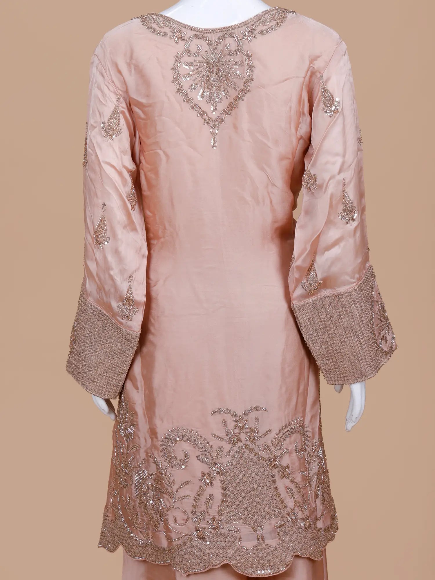 Buy Prestige Light Peach Satin Silk Palazzo Suit In Sequin Beadwork