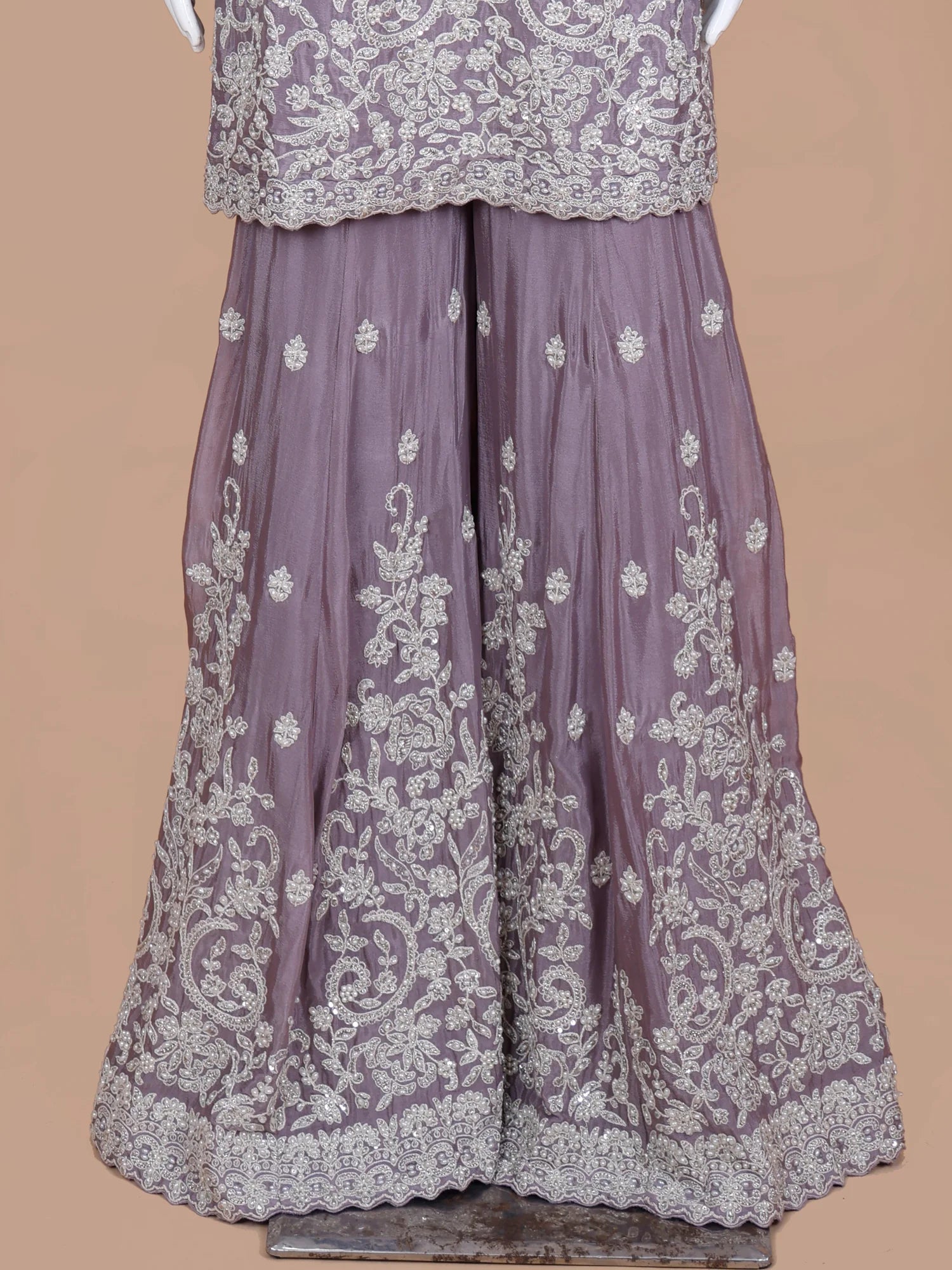 Exclusive Lavender Chinon Gharara Suit In Traditional Mirror Pearl Art