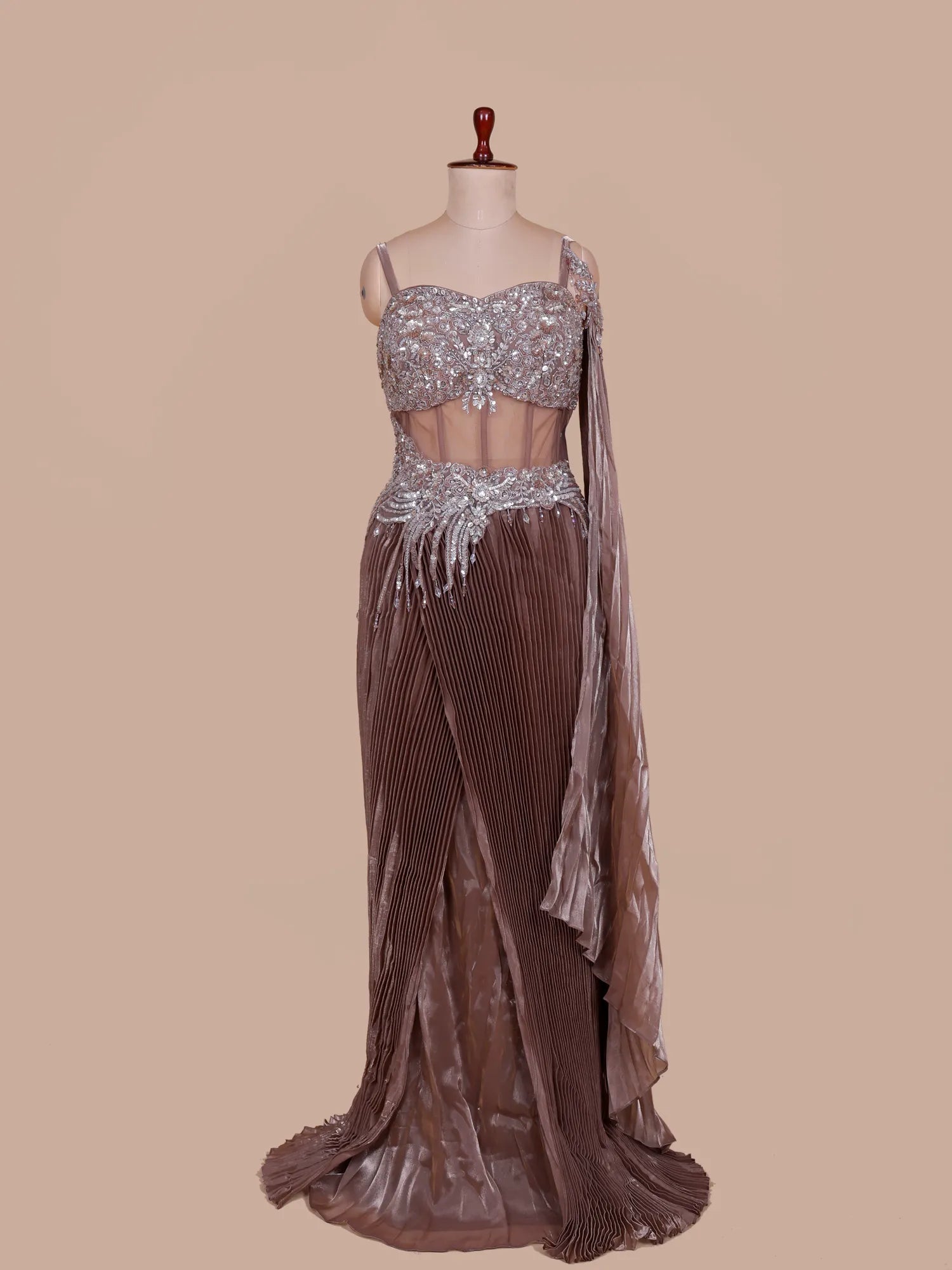 Brown Organza Designer Indo Western Saree Finished With Sequin And Moti Detailing