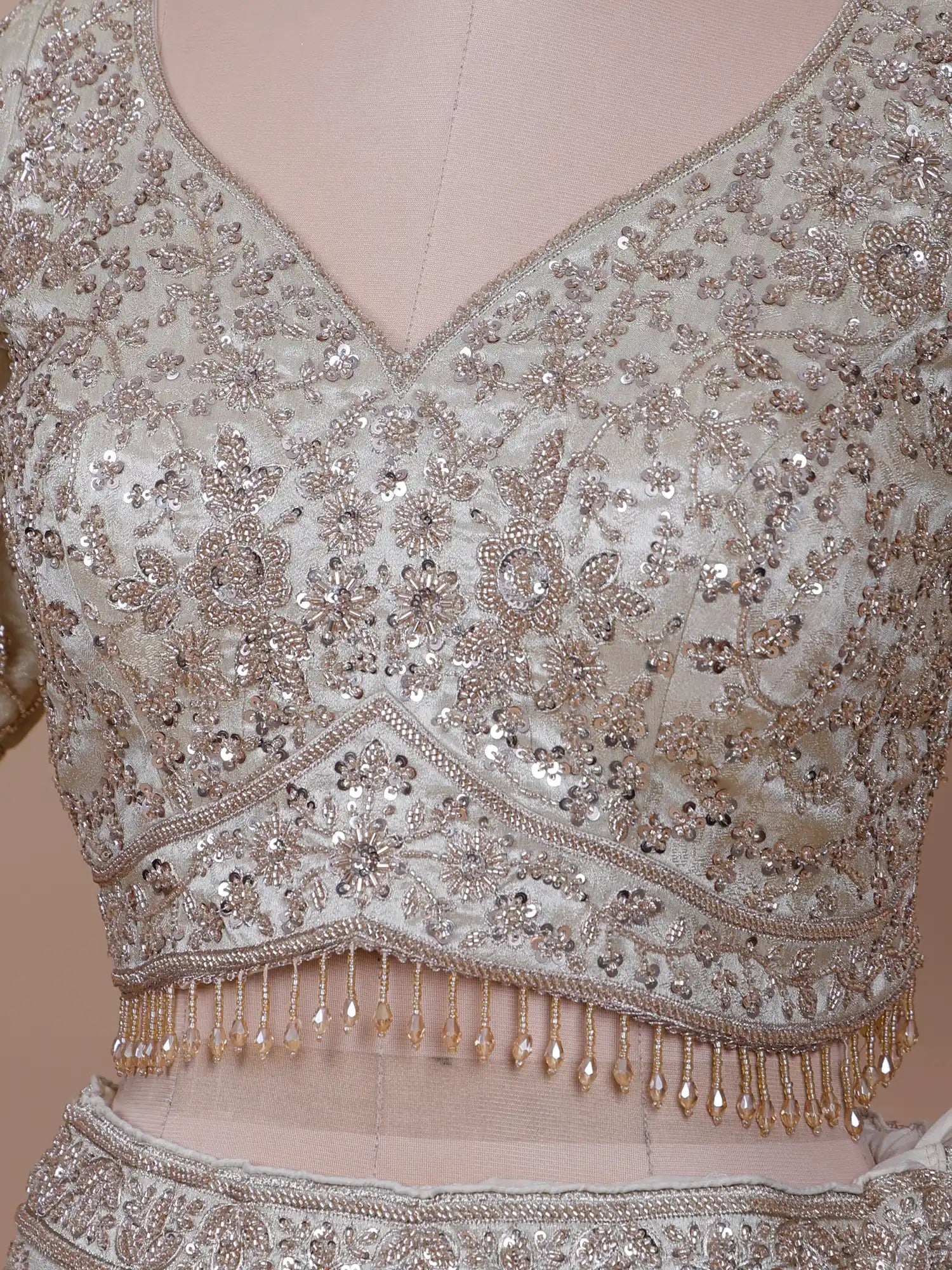 Champagne Designer Lehenga Choli In Organza With Beaded Sequin Glam