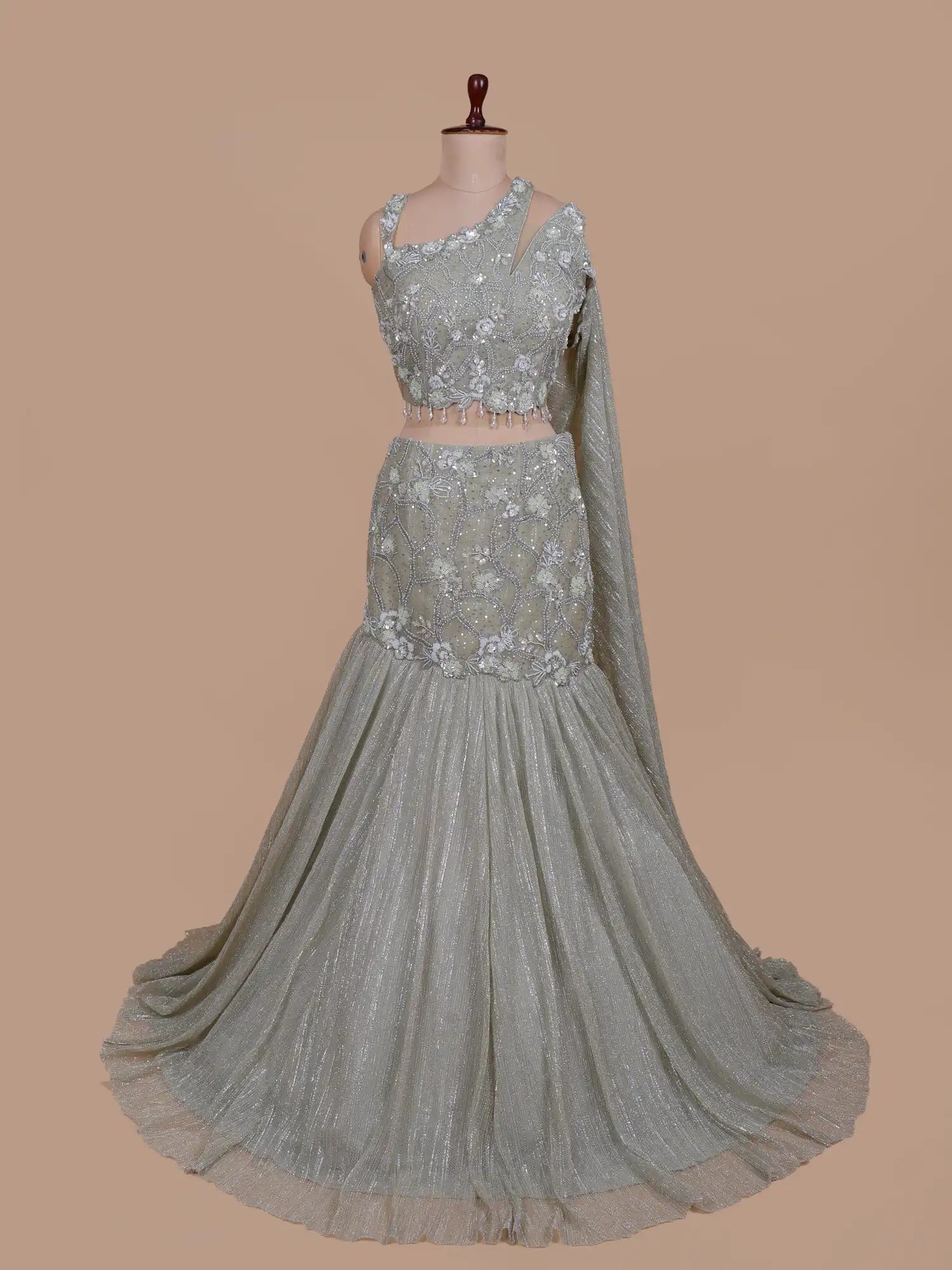 Shop Pista Green Fishcut Lehenga Defined By Fine Cut Dana Details