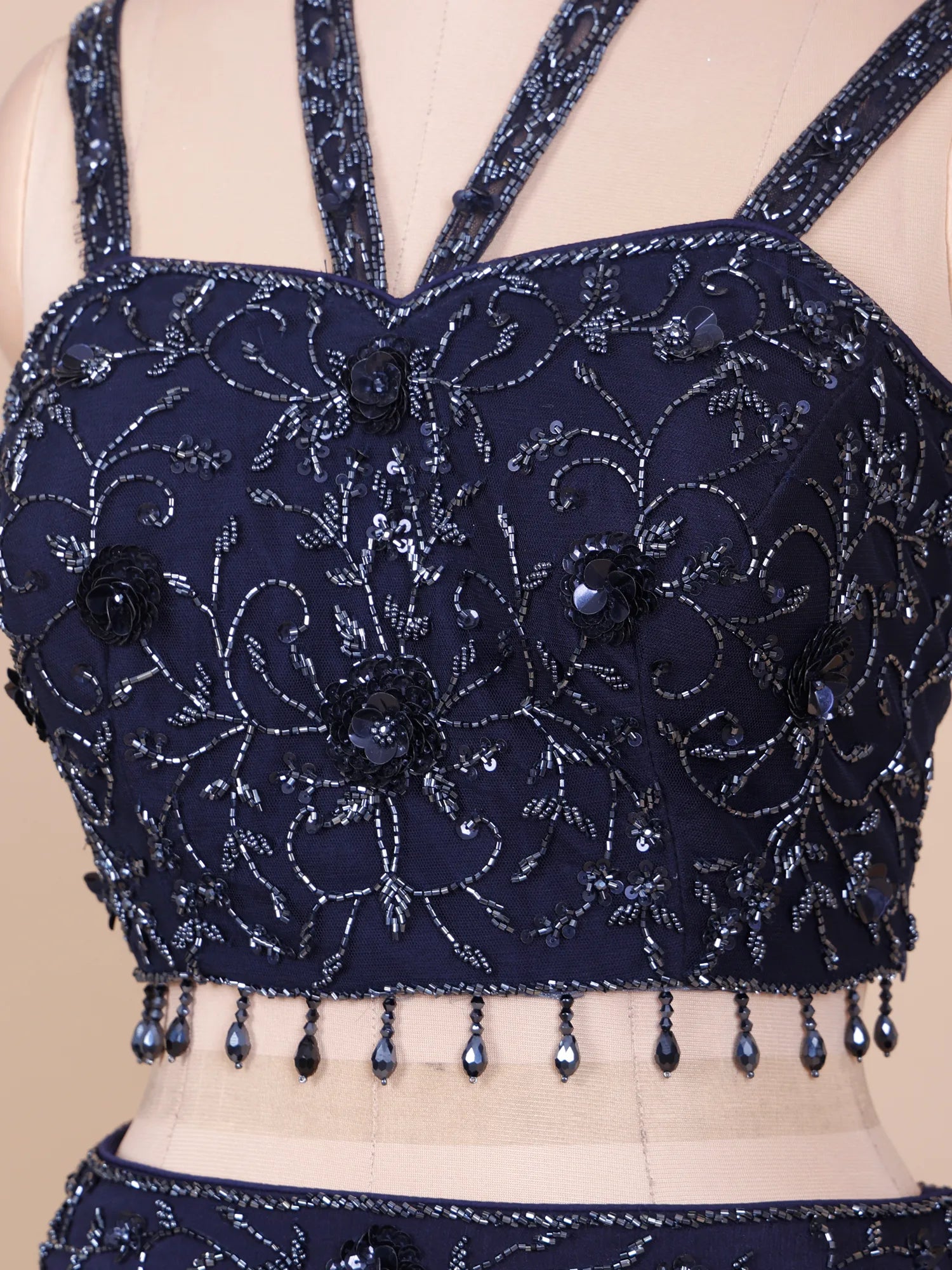 Navy Blue Couture Chinon Fishcut Lehenga With Light-Catching Crystal Work