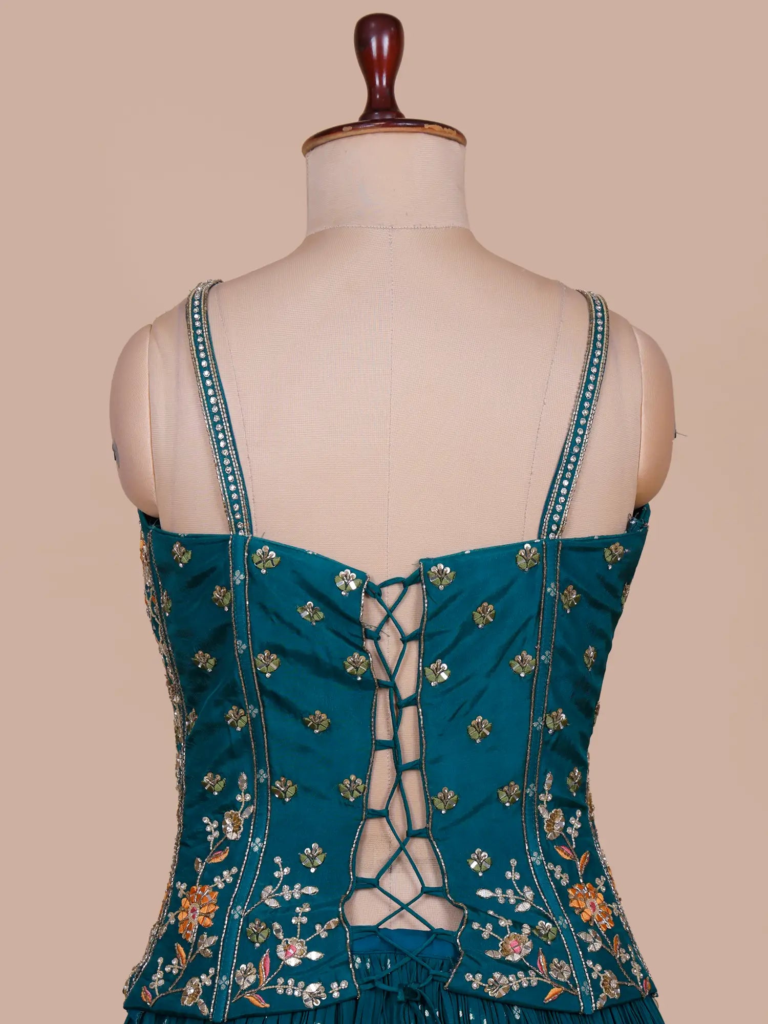 Peacock Green Georgette Peplum Lehenga Ensemble With Multi-Thread Mirror Craft