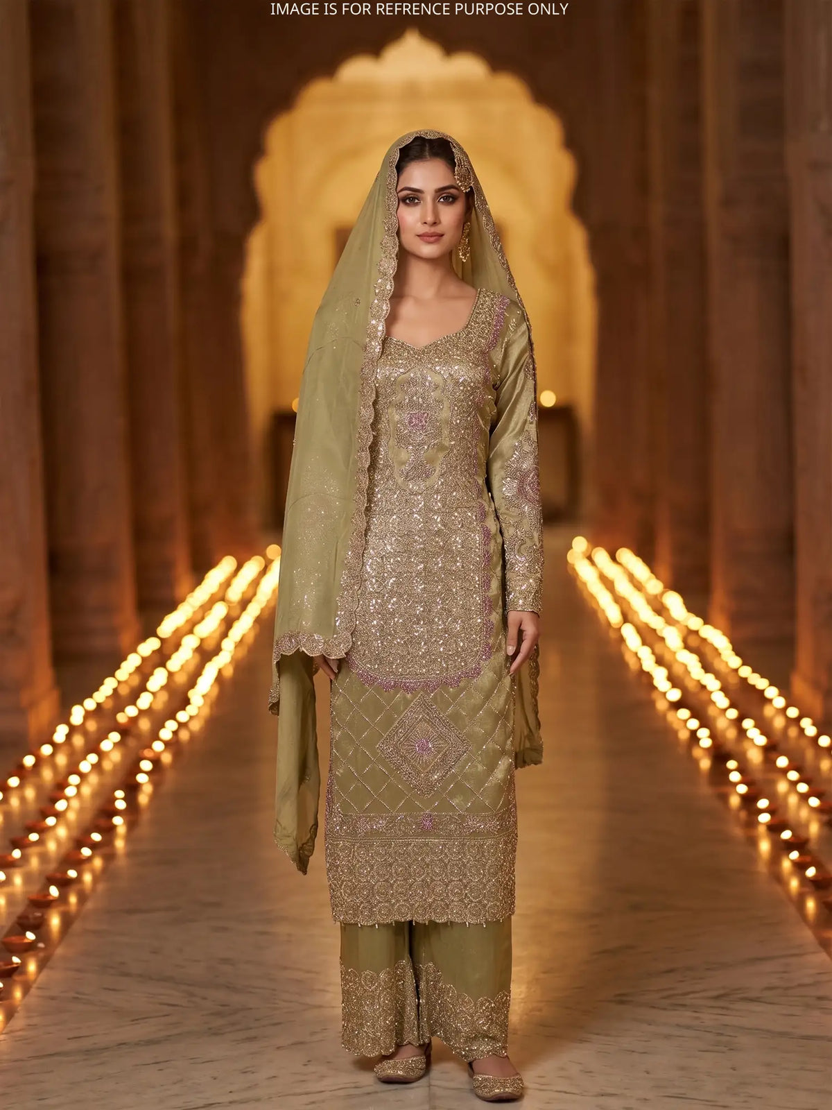 Striking Golden Shimmer Silk Designer Suit Featuring Contrast Pink Silver Work