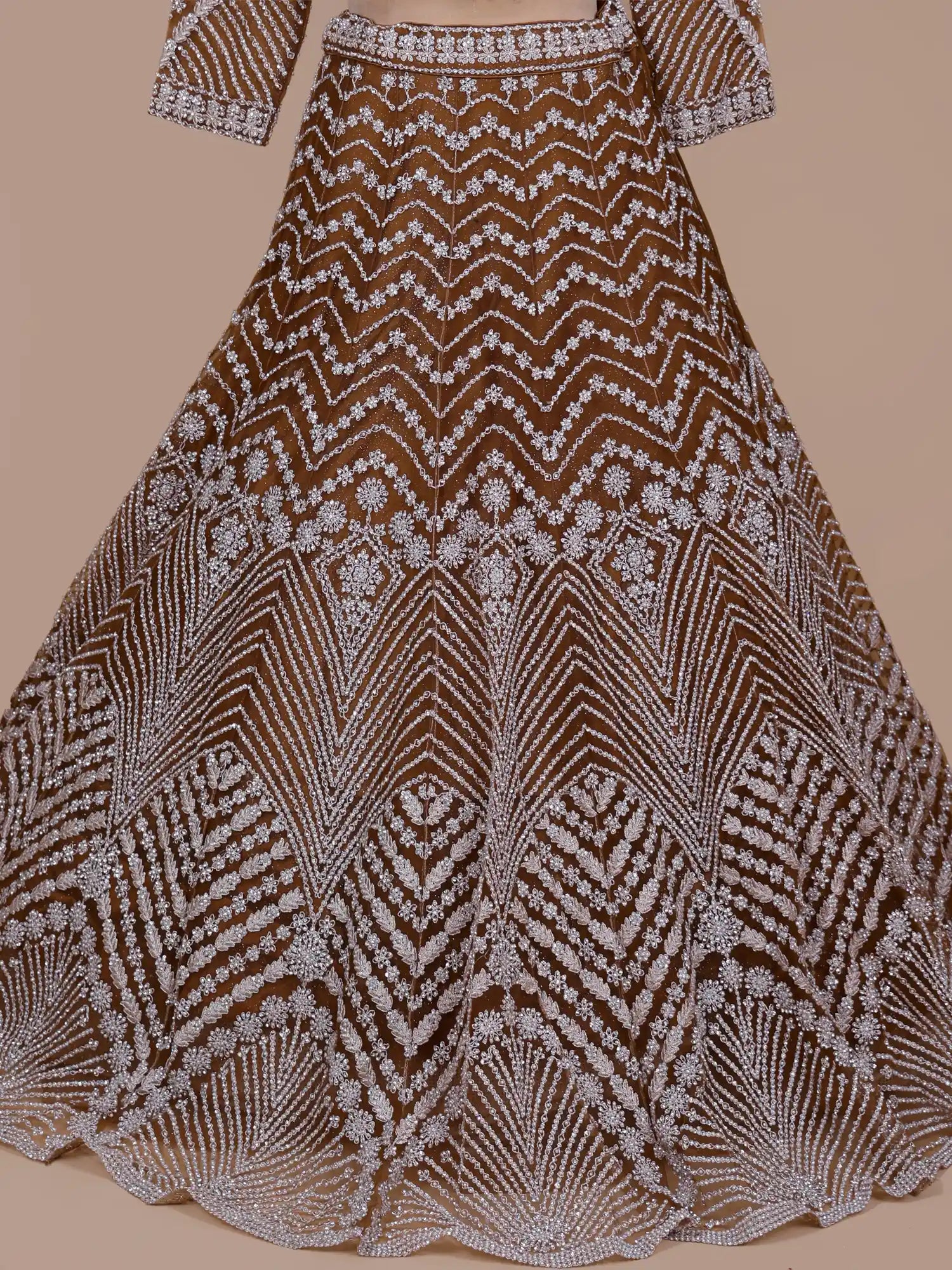 Shop Luxury Brown Net Lehenga Choli With Designer Embroidery For Wedding Functions