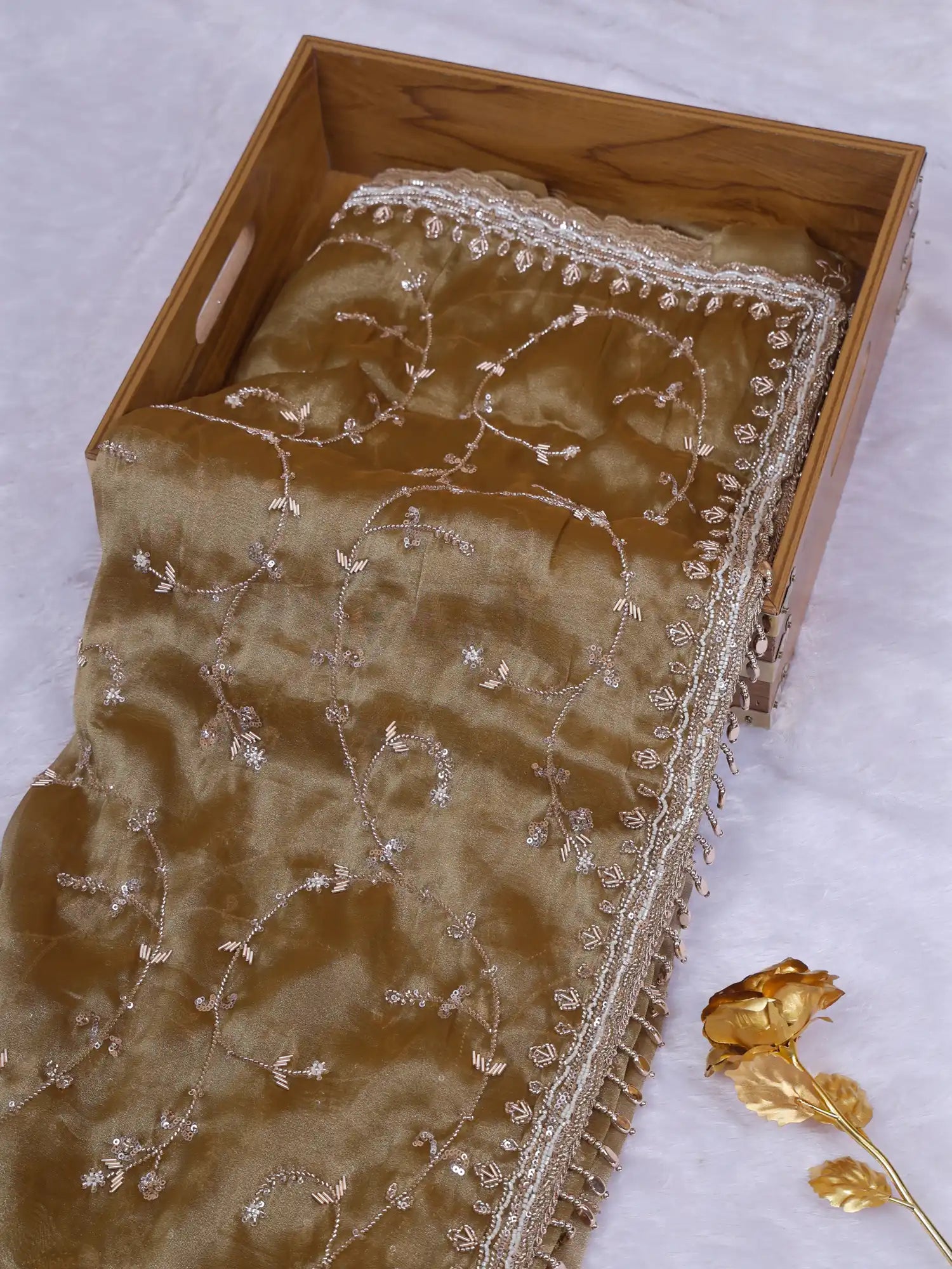 Shop Imperial Antique Gold Organza Saree With Designer Finish