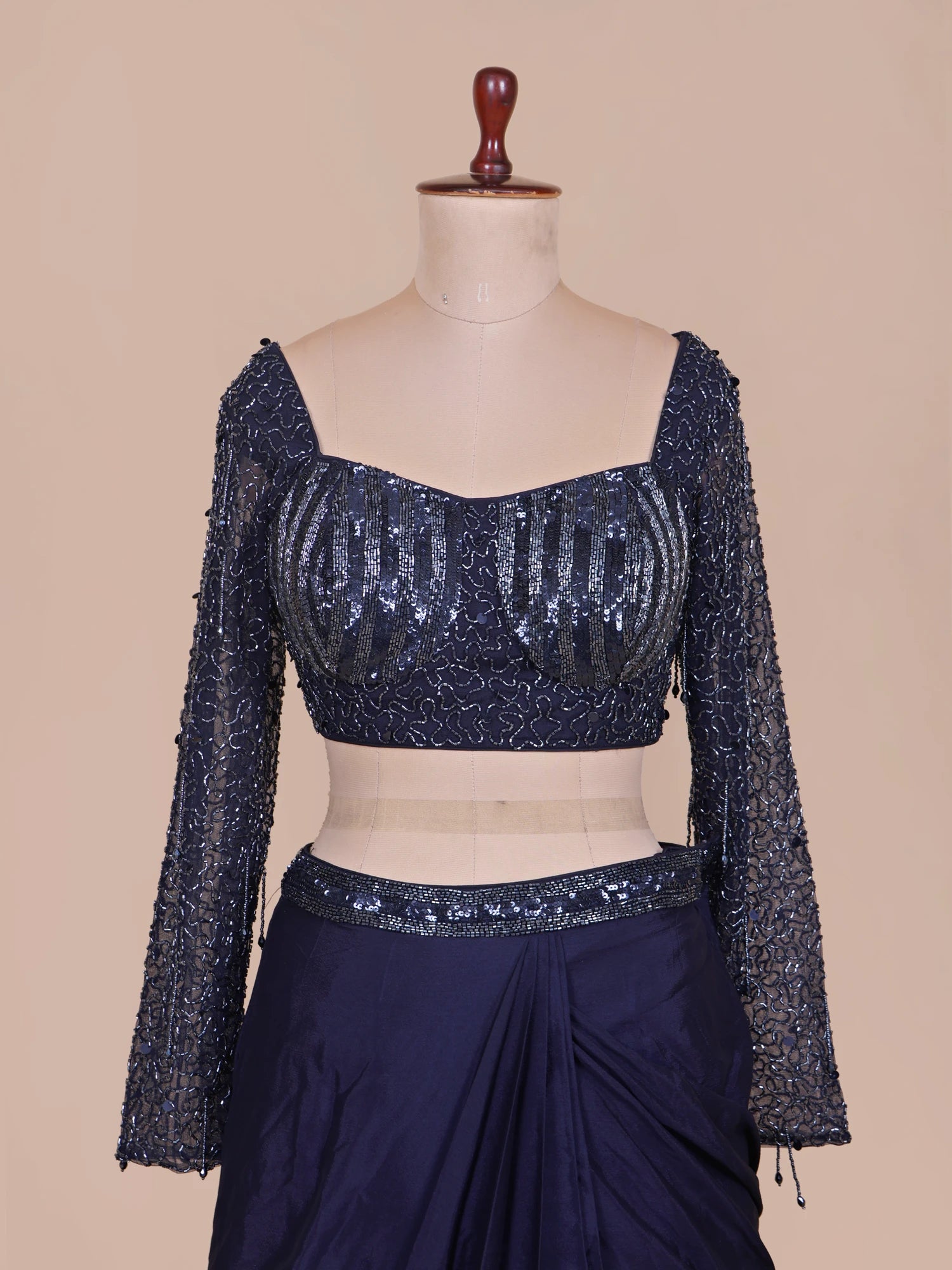 Designer Navy Blue Chinon Drape Saree For Women