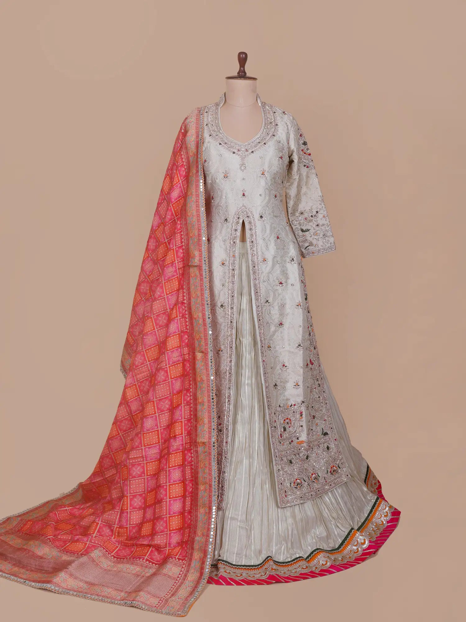 Majestic Off White Fusion Lehenga Crafted in Banarasi Silk