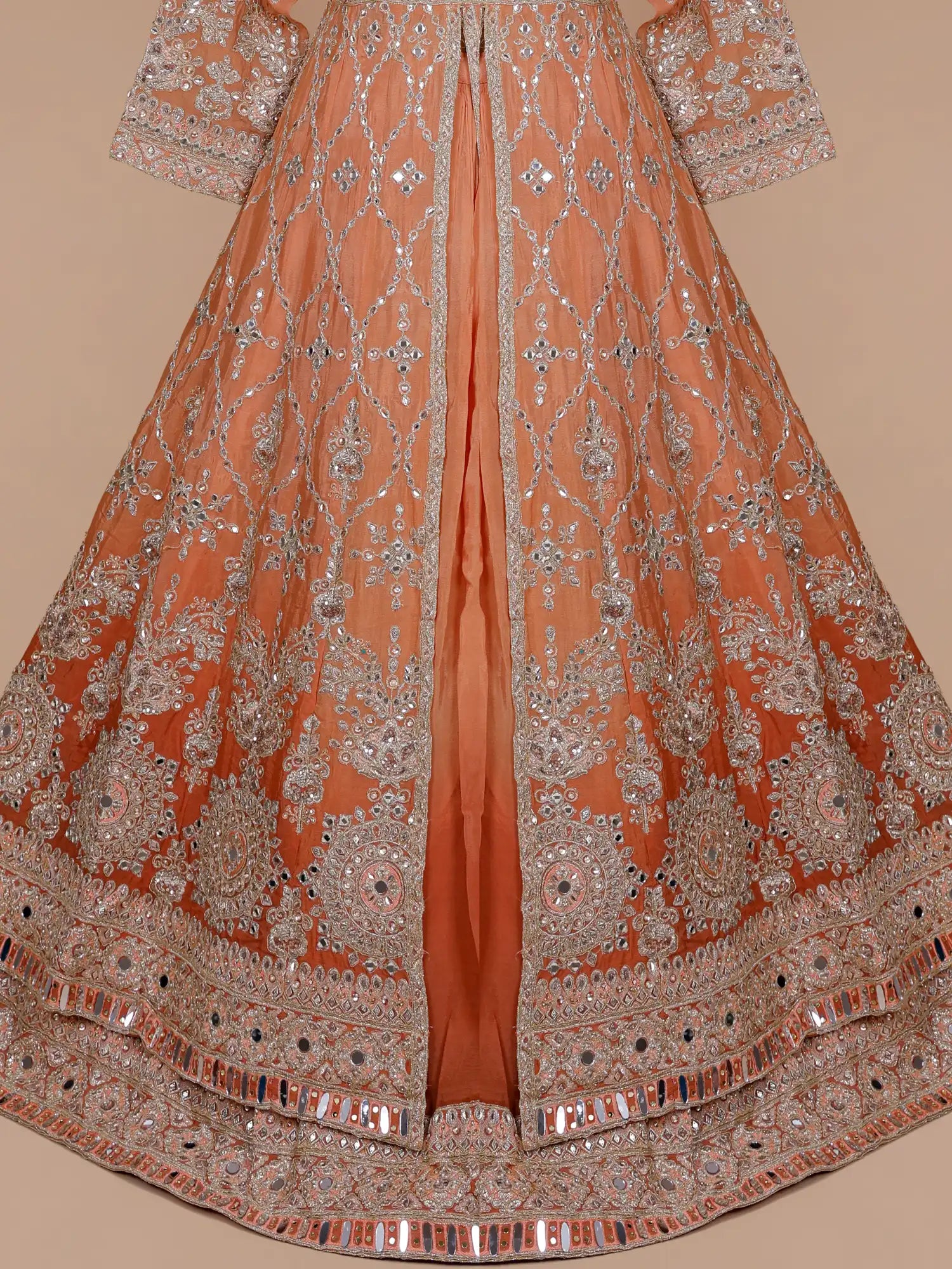 Peach Silk Indo Western Long Lehenga Featuring Diamond Accents