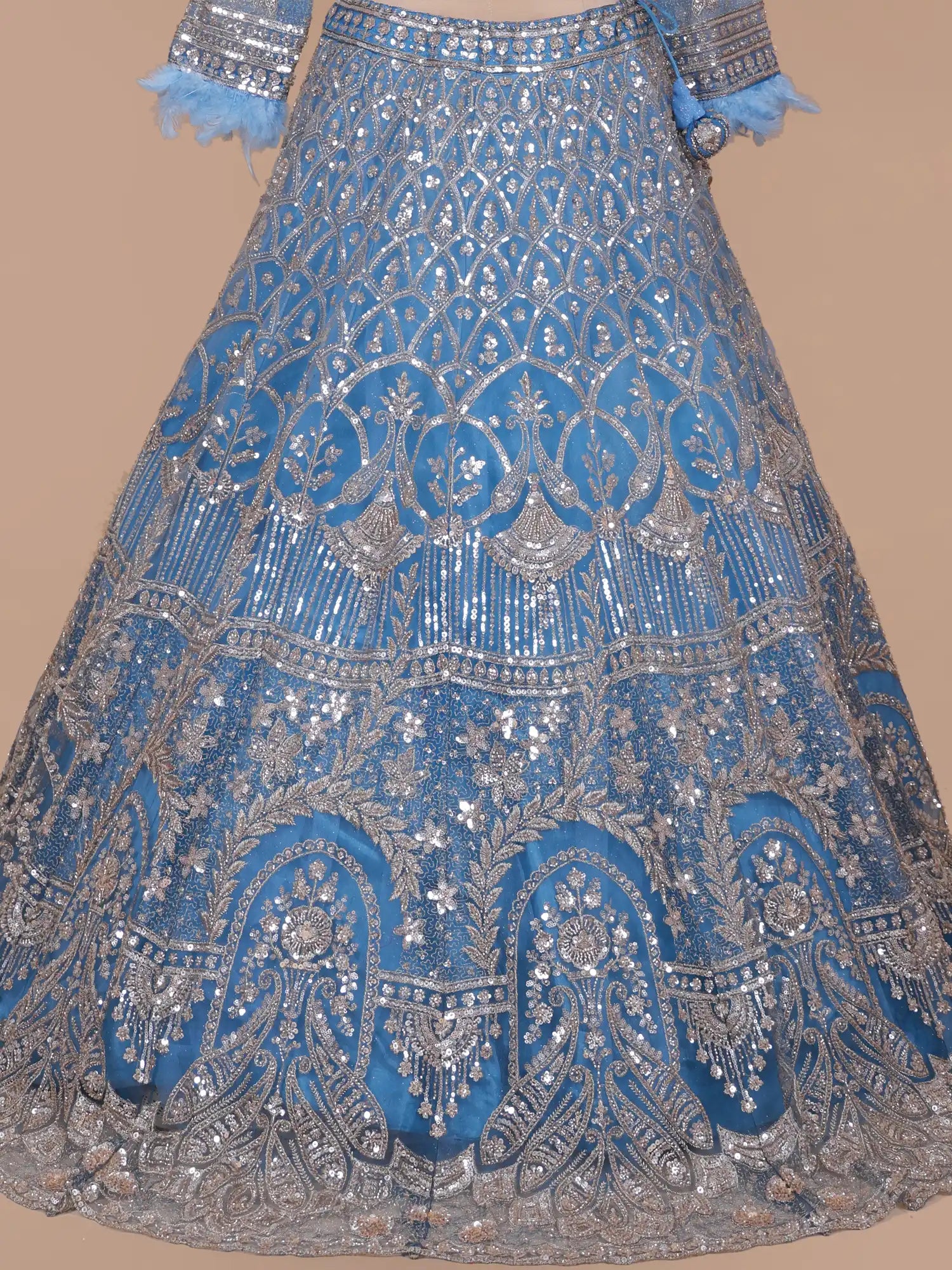 Buy Iconic Sky Blue Designer Lehenga With Rich Feather Embroidery