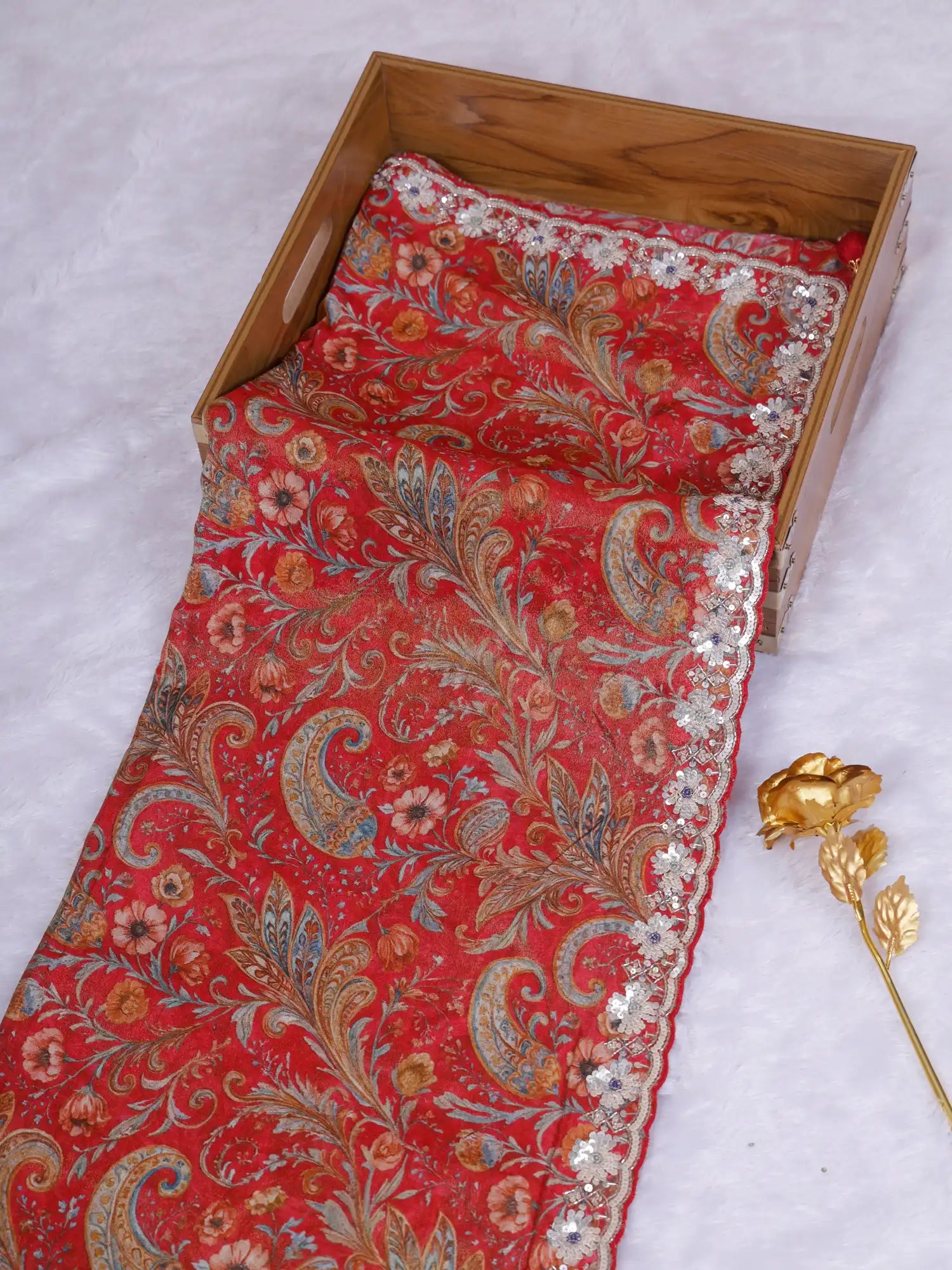 Prestige Red Printed Crepe Saree With Signature Handcrafted Work