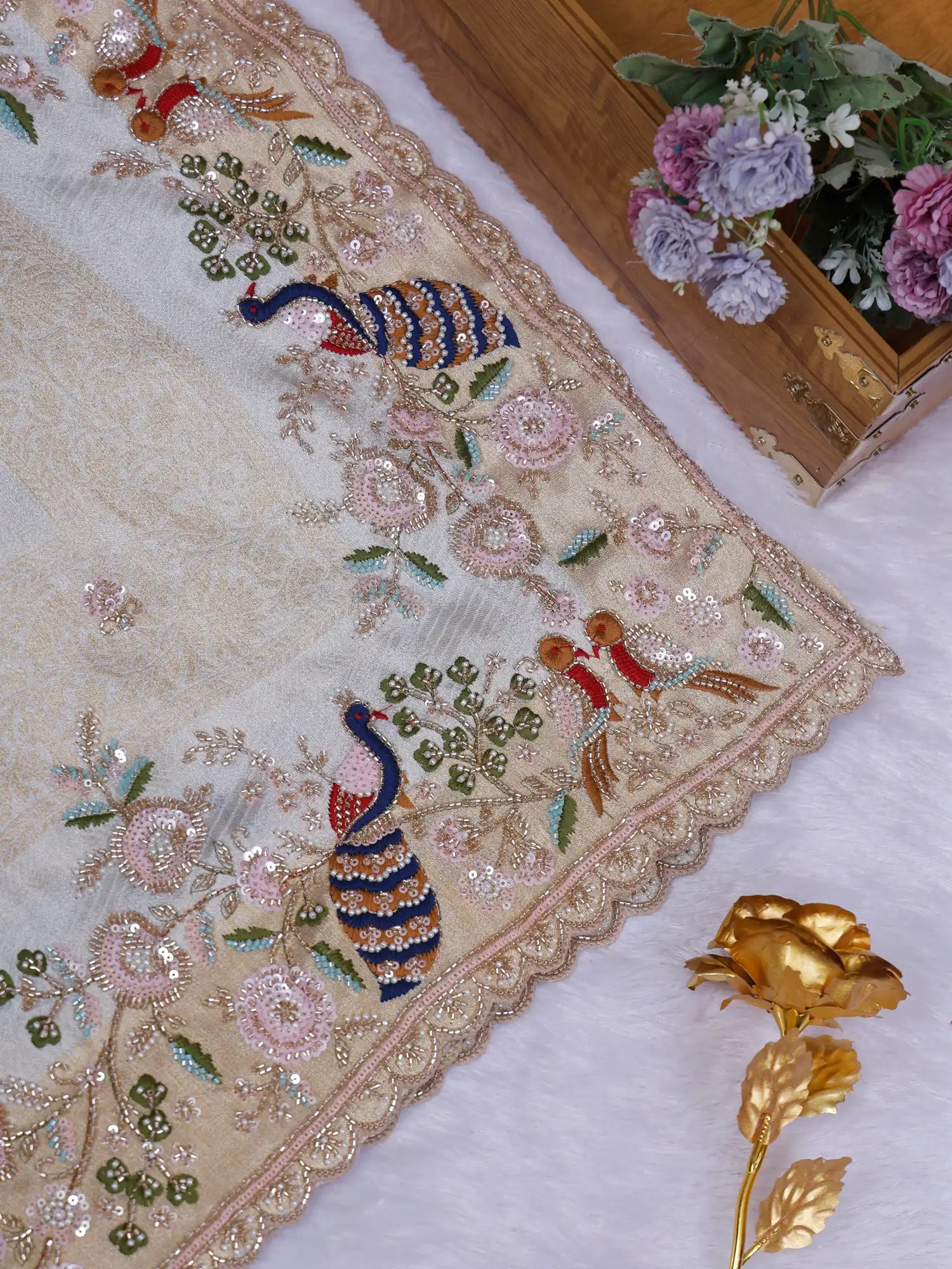 Buy Elite Dual Tone Shimmer Silk Saree With Luxury Hand Embroidery