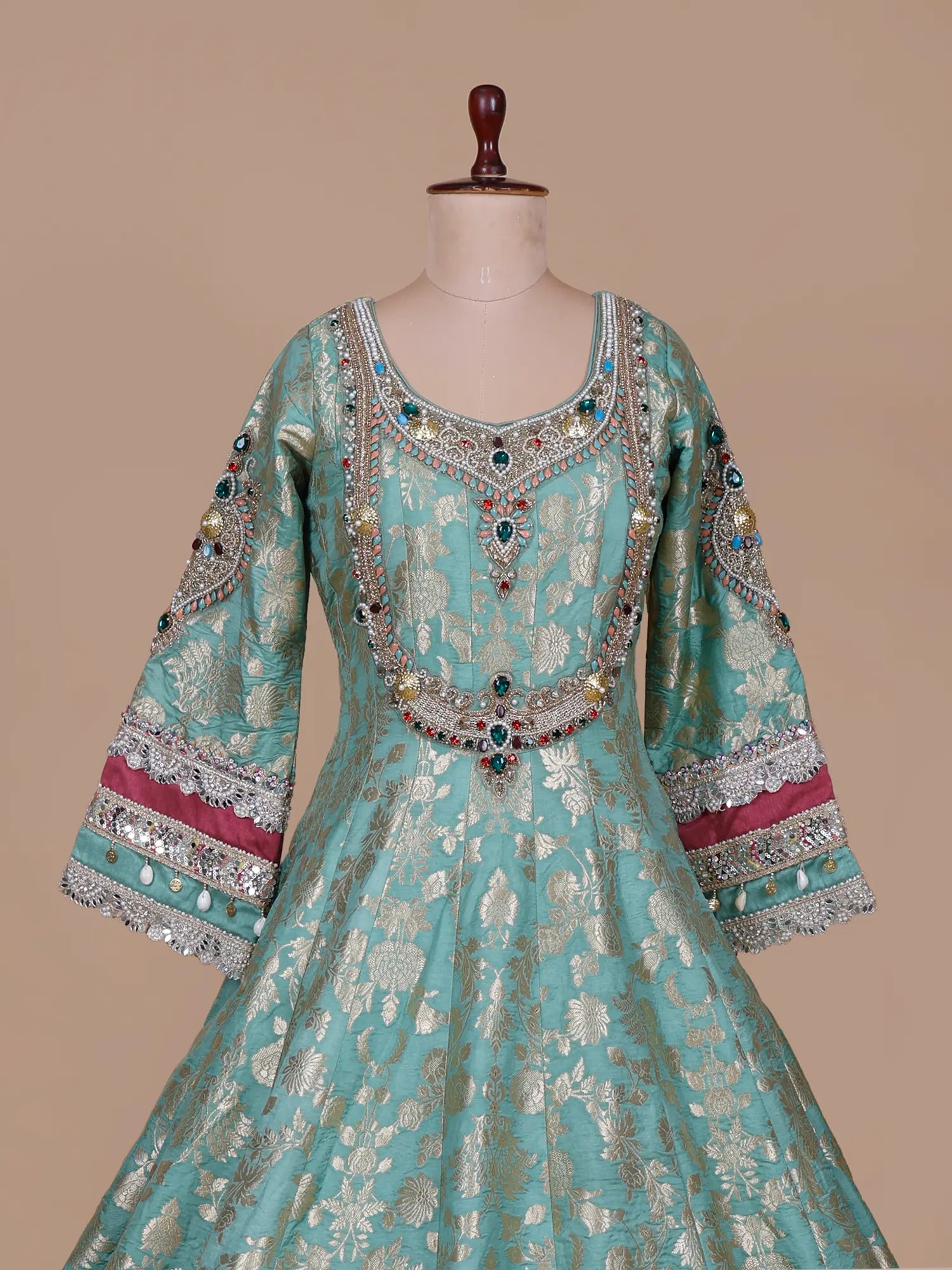 Magnificent Turquoise Blue Banarasi Silk Anarkali Gown Crafted for Grand Occasions