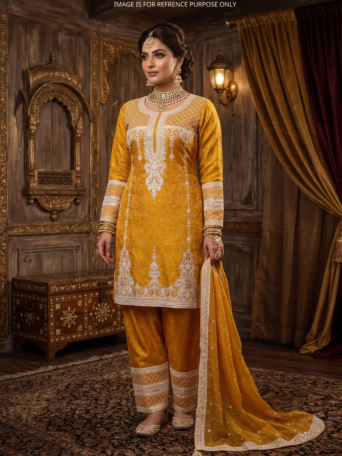 Style Mustard Yellow Banarasi Silk Suit Showcasing White Work