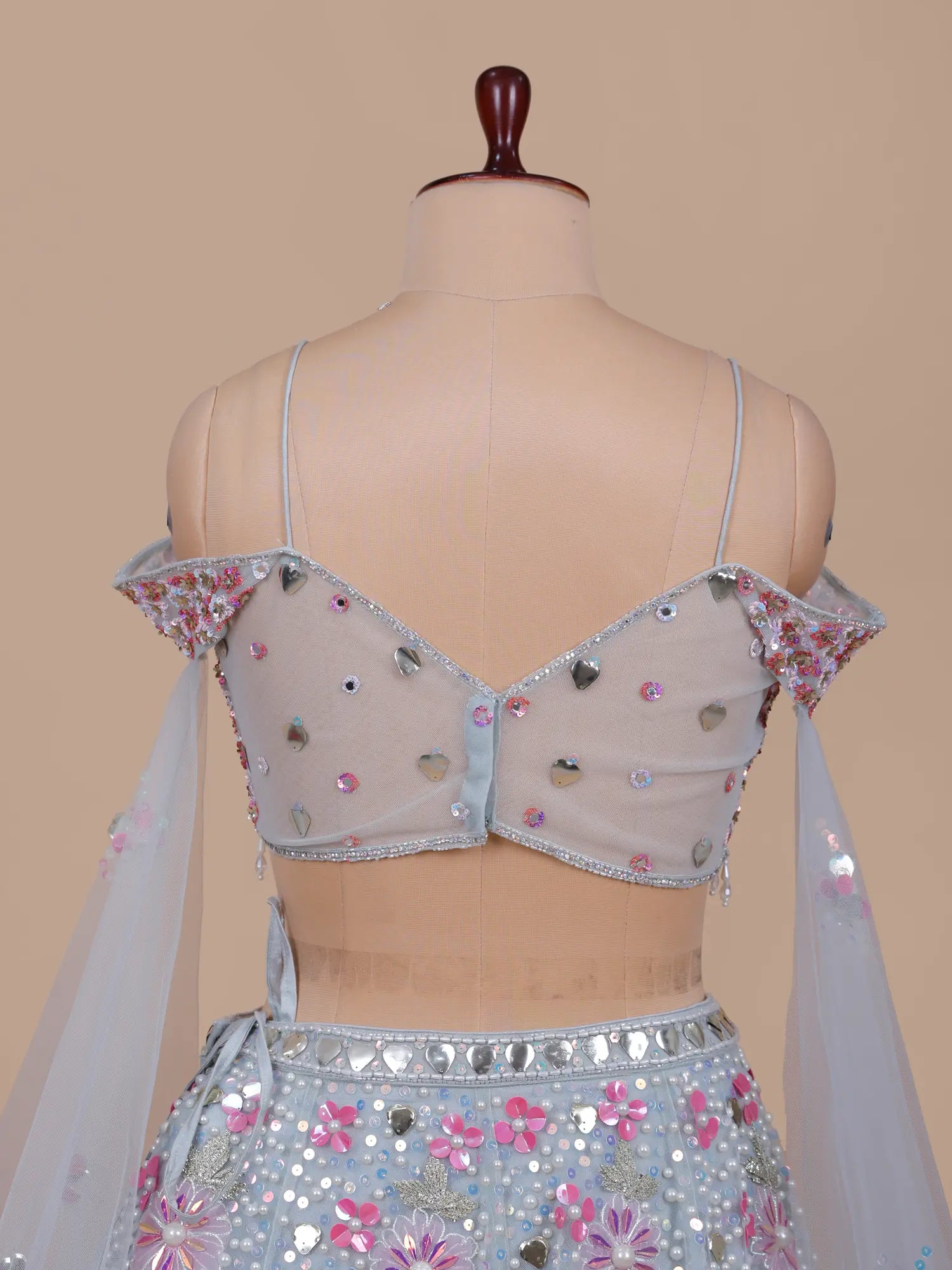 Bollywood Inspired Sky Blue Net PDP Lehenga Pearl Mirror Design