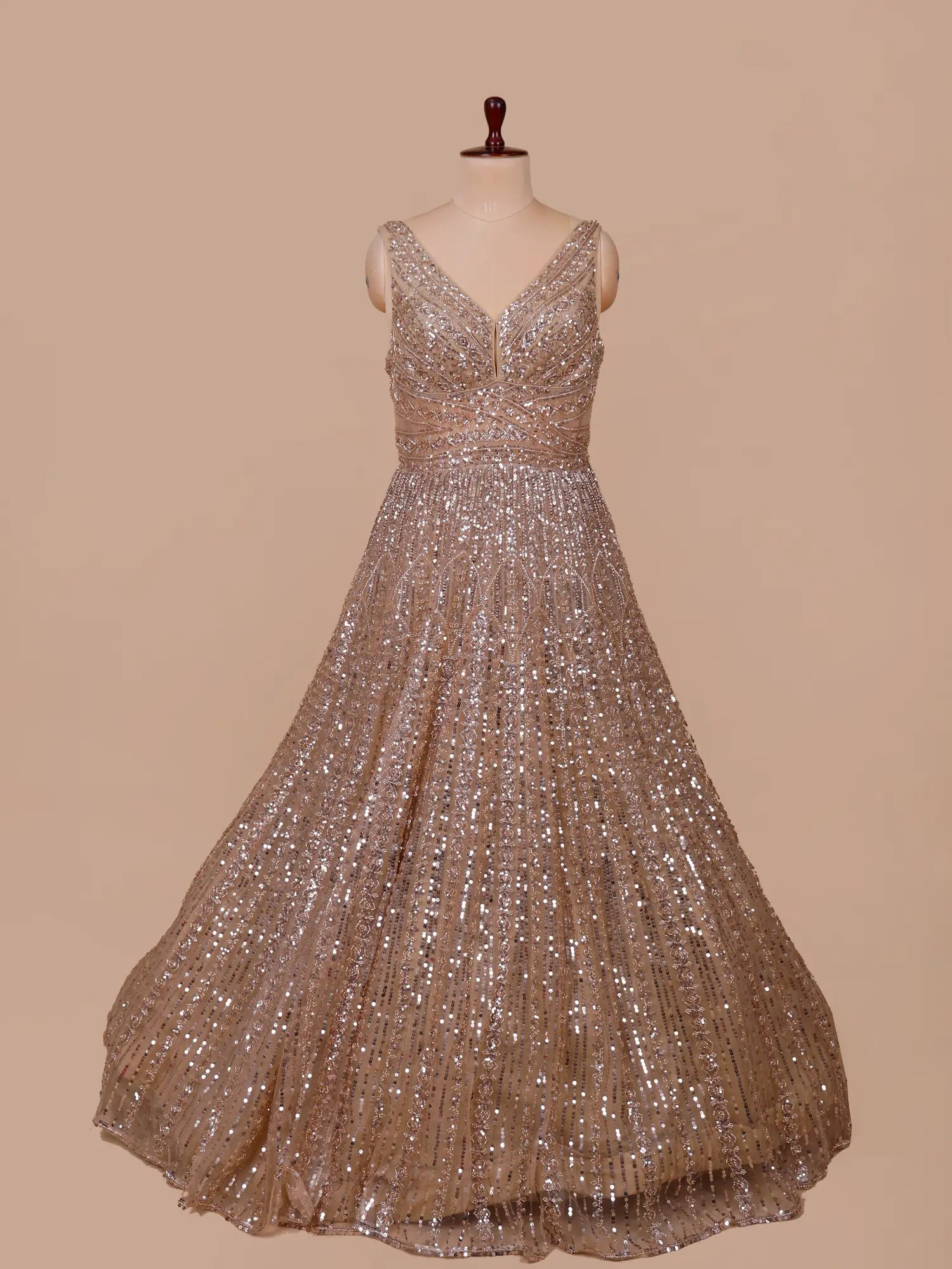 Champagne Gold Net Trendy Party Gown With Beads Work