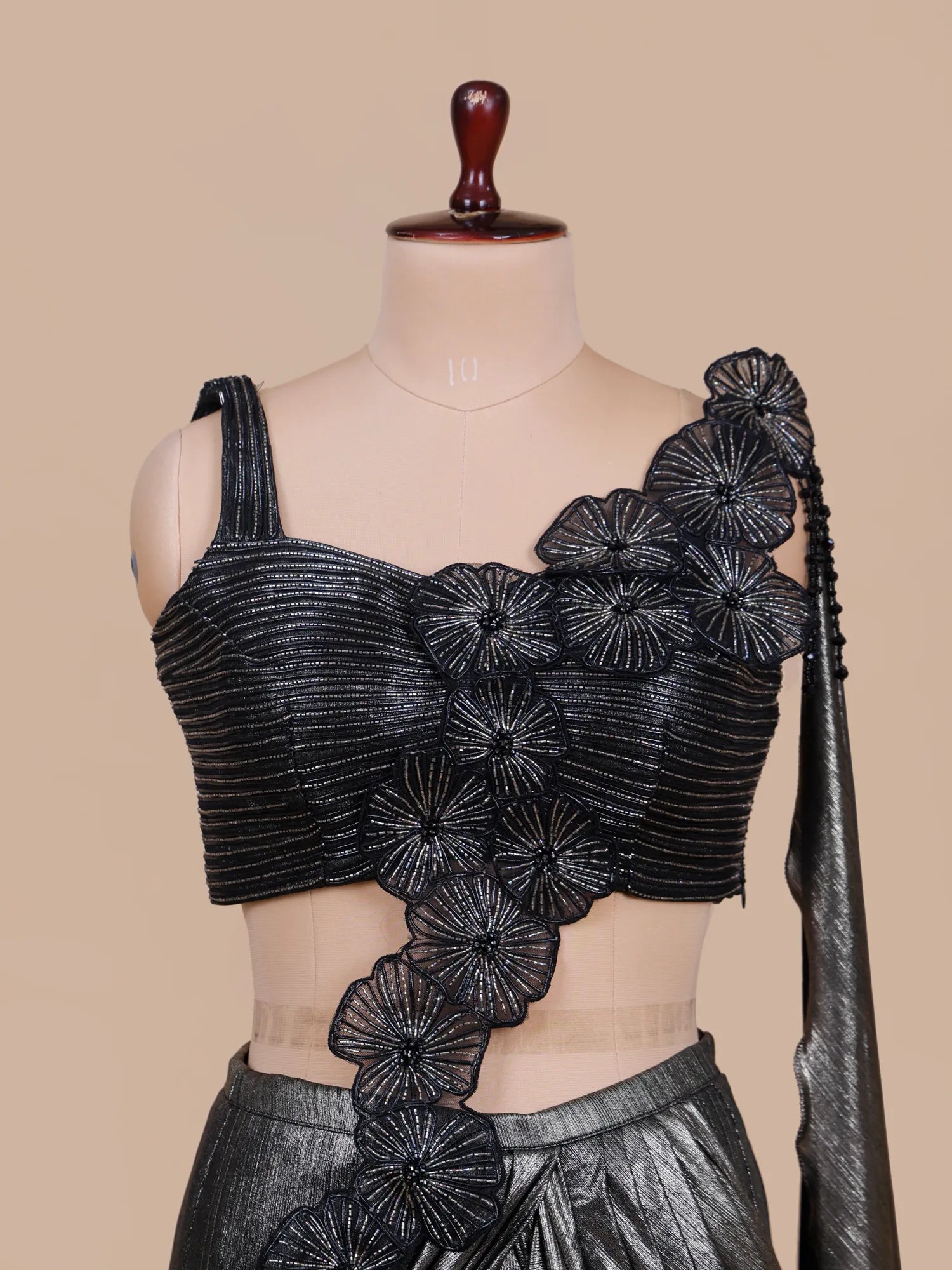 Dark Grey Imported Lycra Pre Draped Saree With Crystal Work