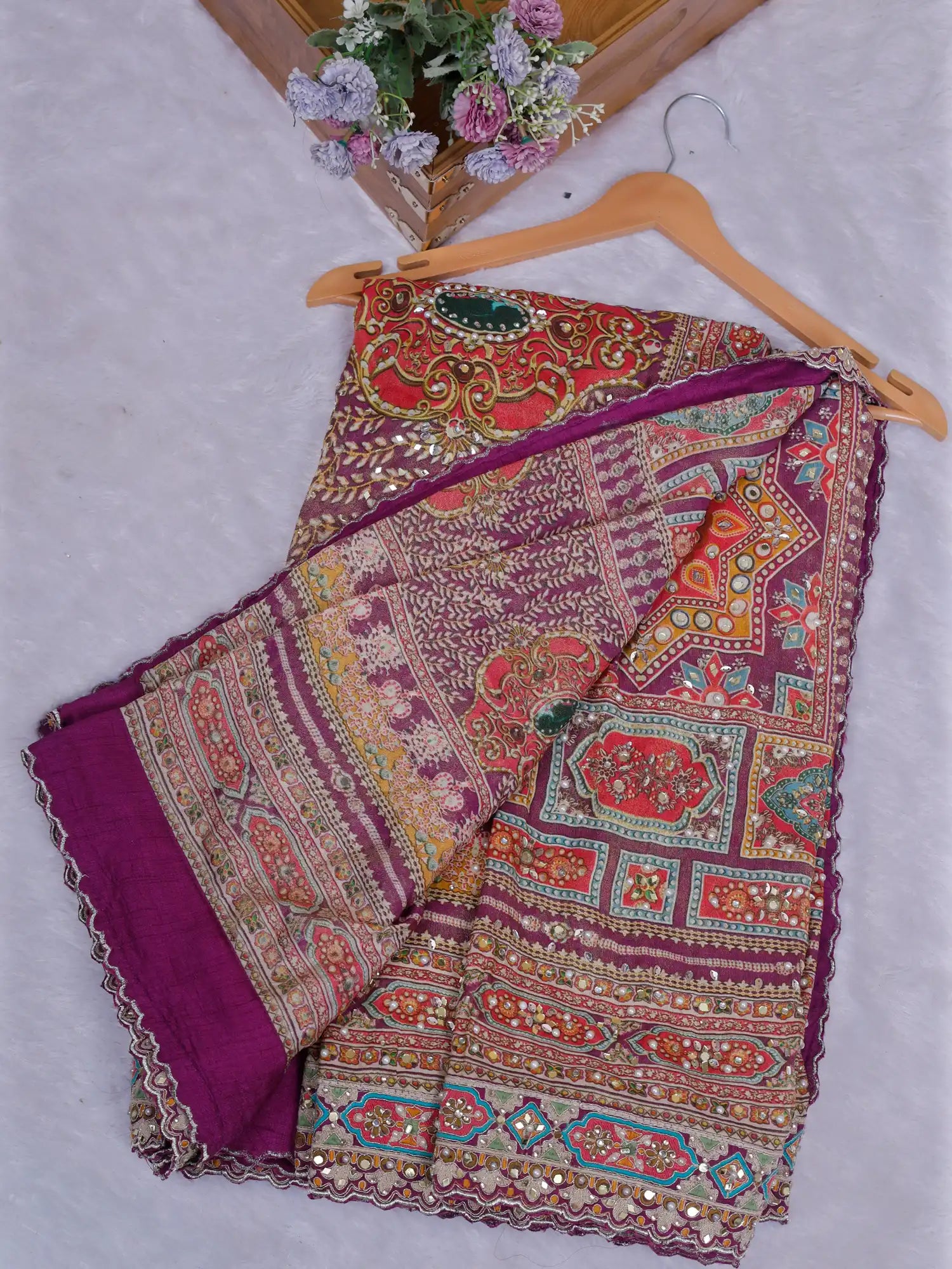 Shop Enchanting Dark Magenta Printed Crepe Saree Online Store With Mirror Handwork