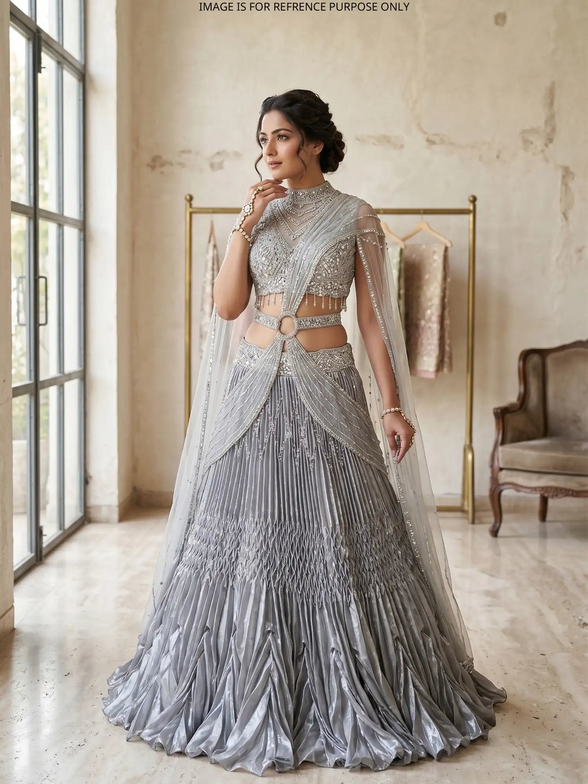 Stylish Grey Organza Drape Lehenga with Structured Pleats and Mirrors