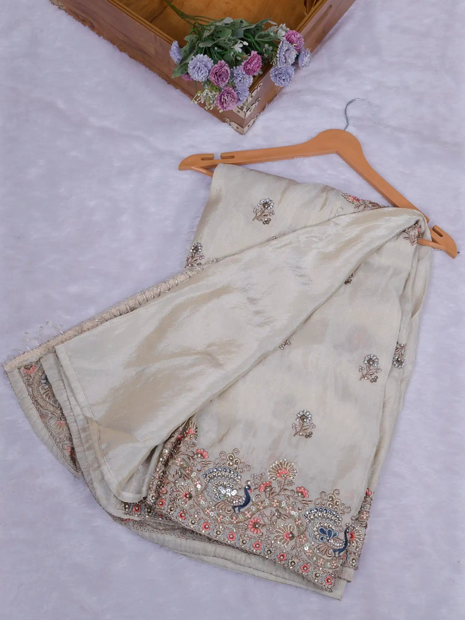 Shop Majestic Ivory Silk Saree With Elegant Hand Embroidery