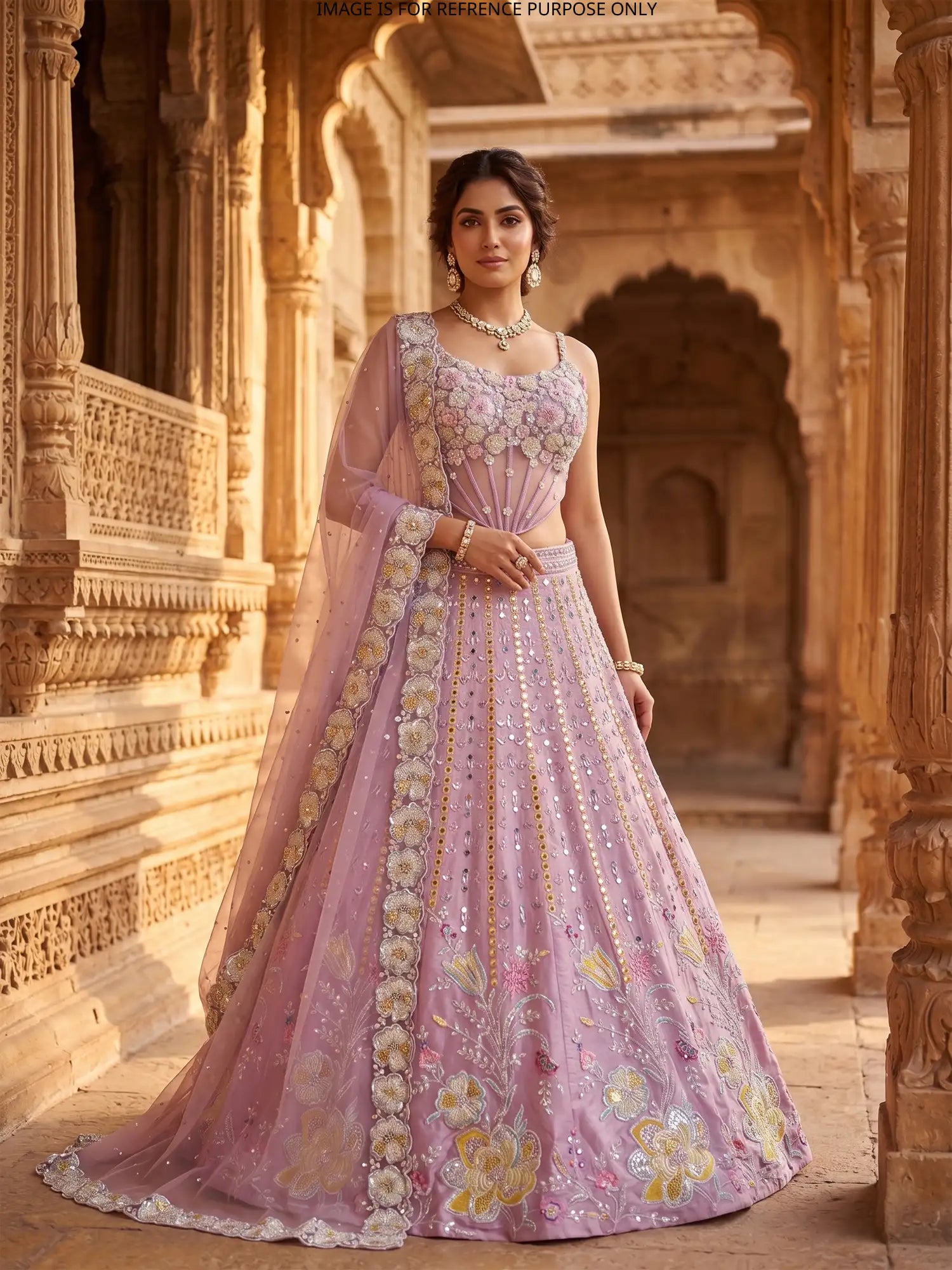 Stylish Lilac Party Wear Silk Lehenga Mirror Diamond Design