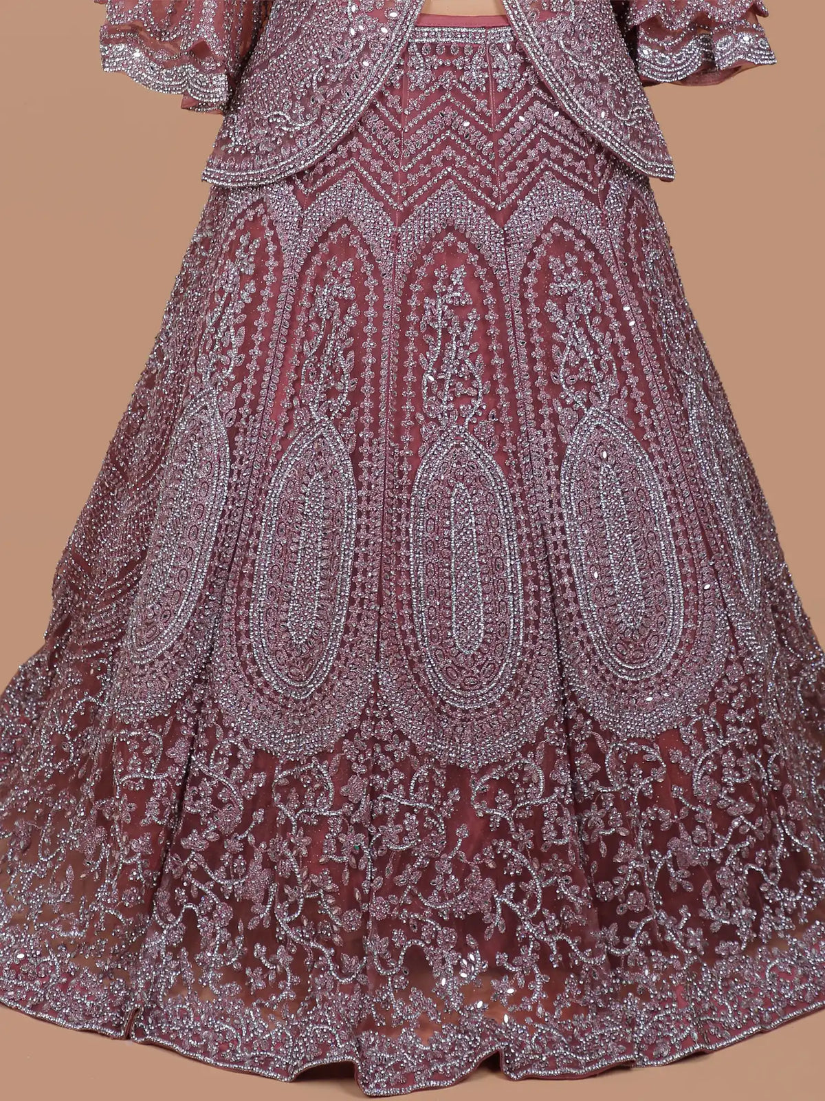 Mauve Peplum Lehenga with Chevron Waist and Floral Mirror Work