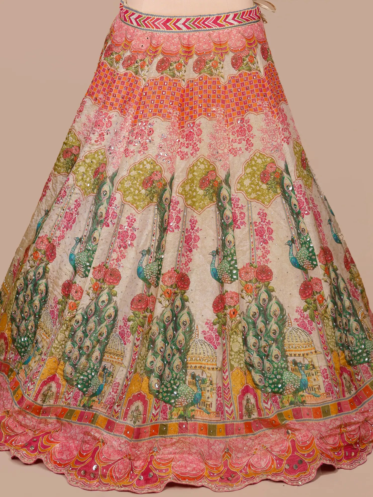 Get Bollywood Style Multi Color Silk Lehenga Mirror Work Design