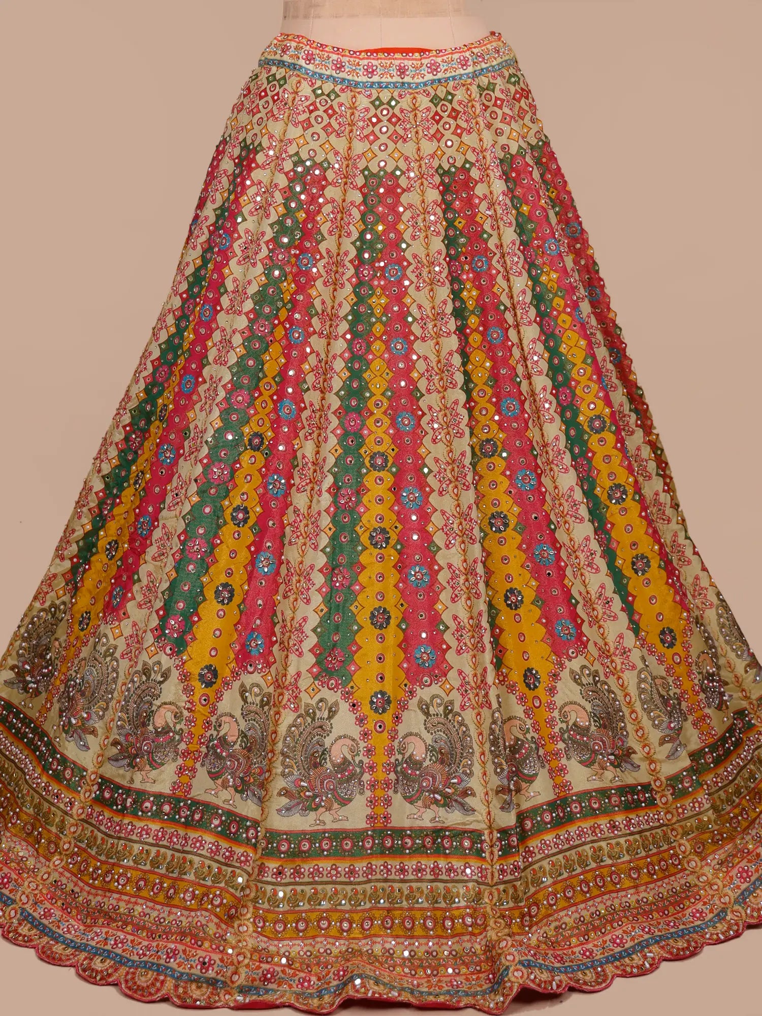 Luxury Multi Color Printed Silk Lehenga With Diamond Work