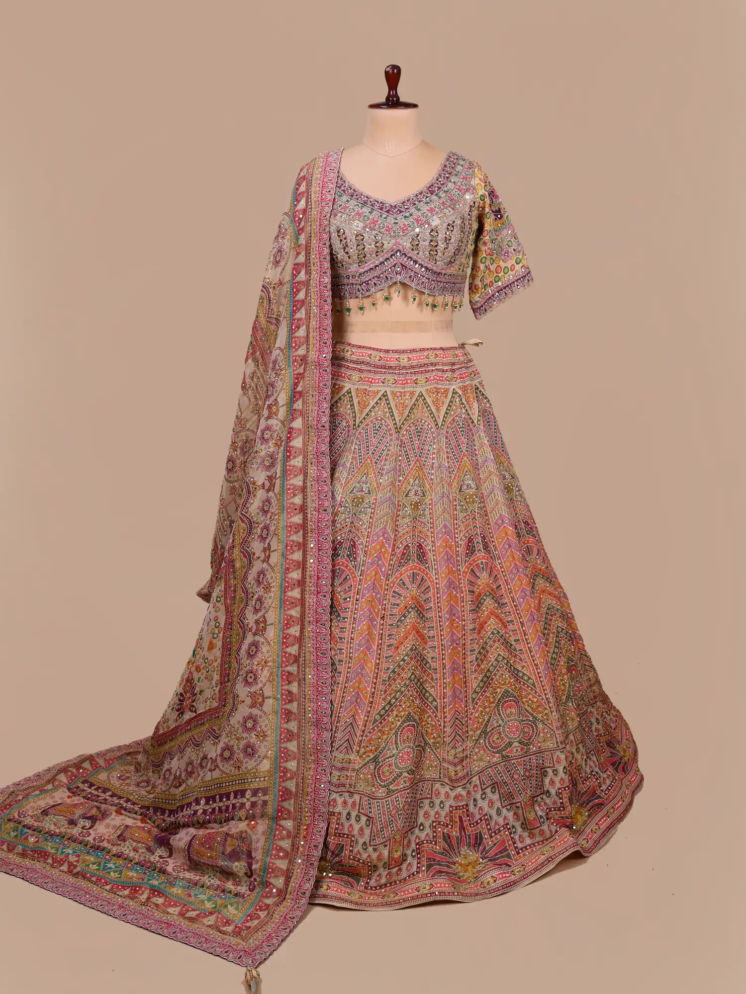 New Designer Festive Multi Color Silk Lehenga With Mirror Work