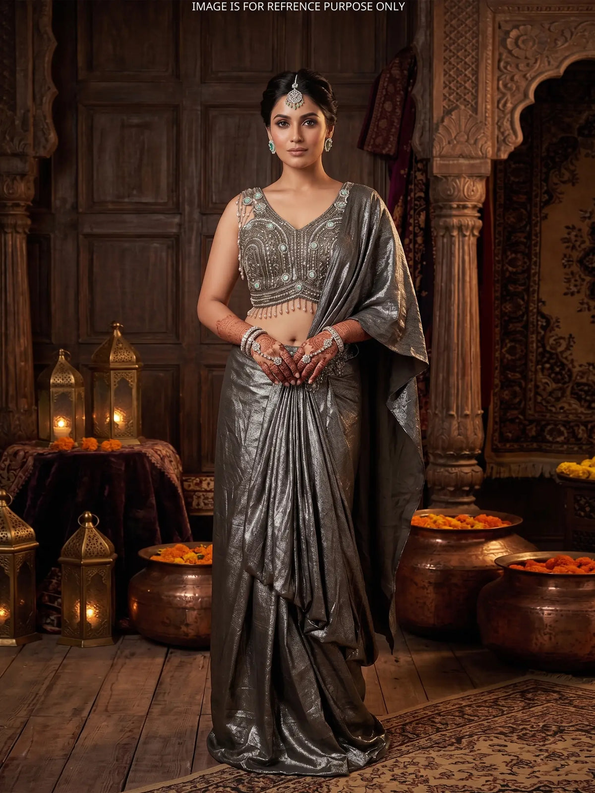 Stylish New Arrival Mehendi Green Imported Pre Draped Saree With Stone Work