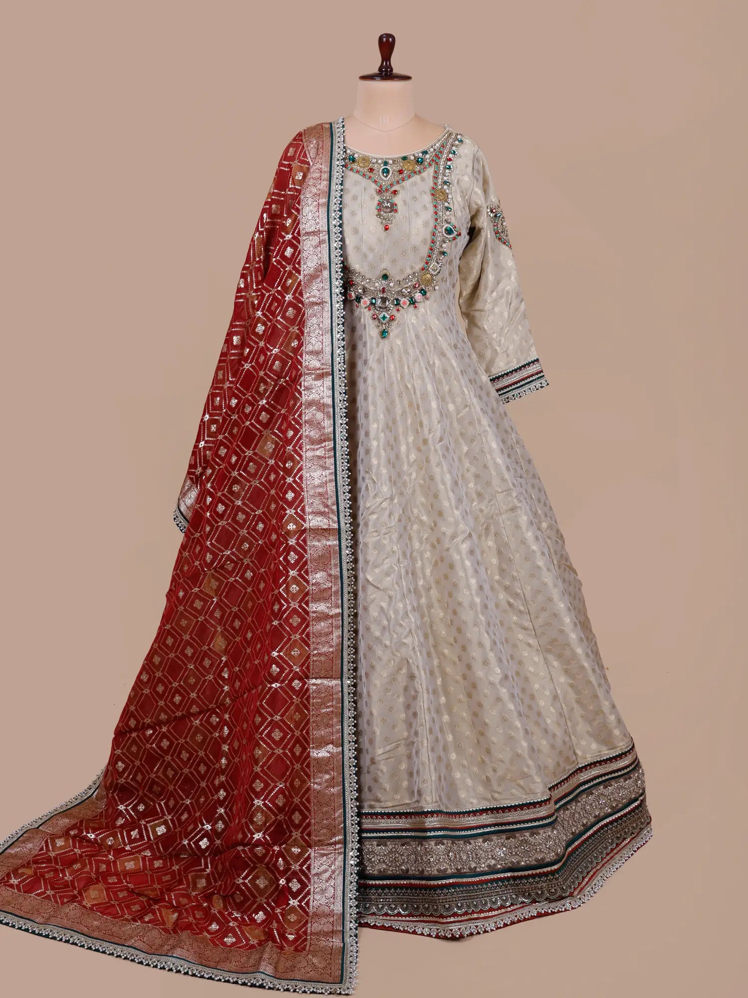 Luxury Off White Banarasi Silk Anarkali Gown Stone Work
